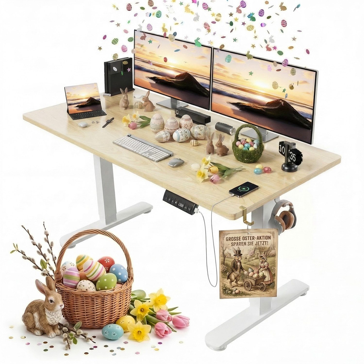 HOMALL Schreibtisch Höhenverstellbarer Elektrisch Schreibtisch, Vierteilige Tischplatte (Große Maße: 140 × 70 cm, 160/180 × 80 cm, mit USB-Ladeanschluss, in 3 Stufen höhenverstellbar, ostern geschenke)