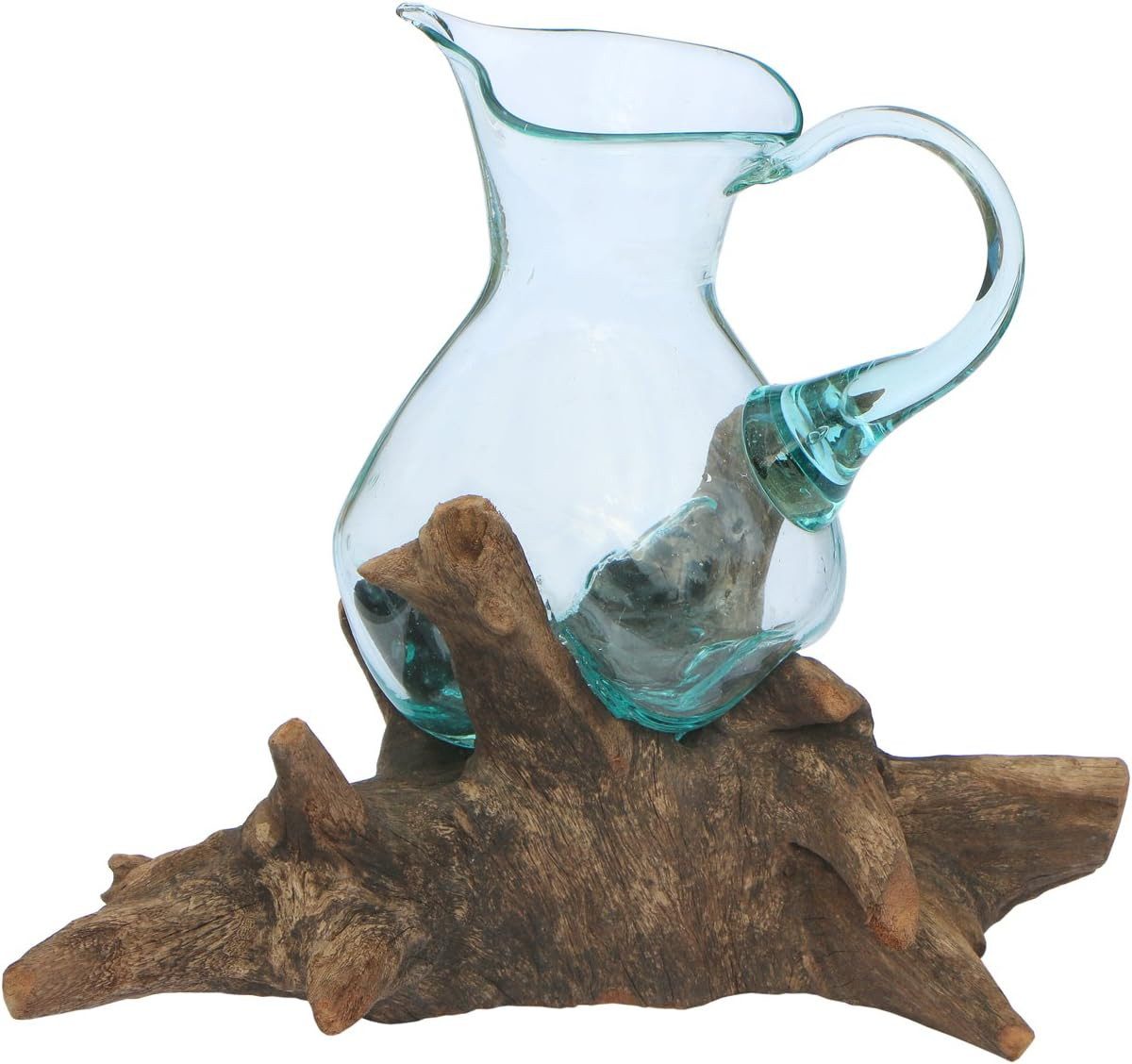Wogeka Wasserkrug Glas-Krug auf Wurzelholz Kanne Teakholz Gamal Bali Vase