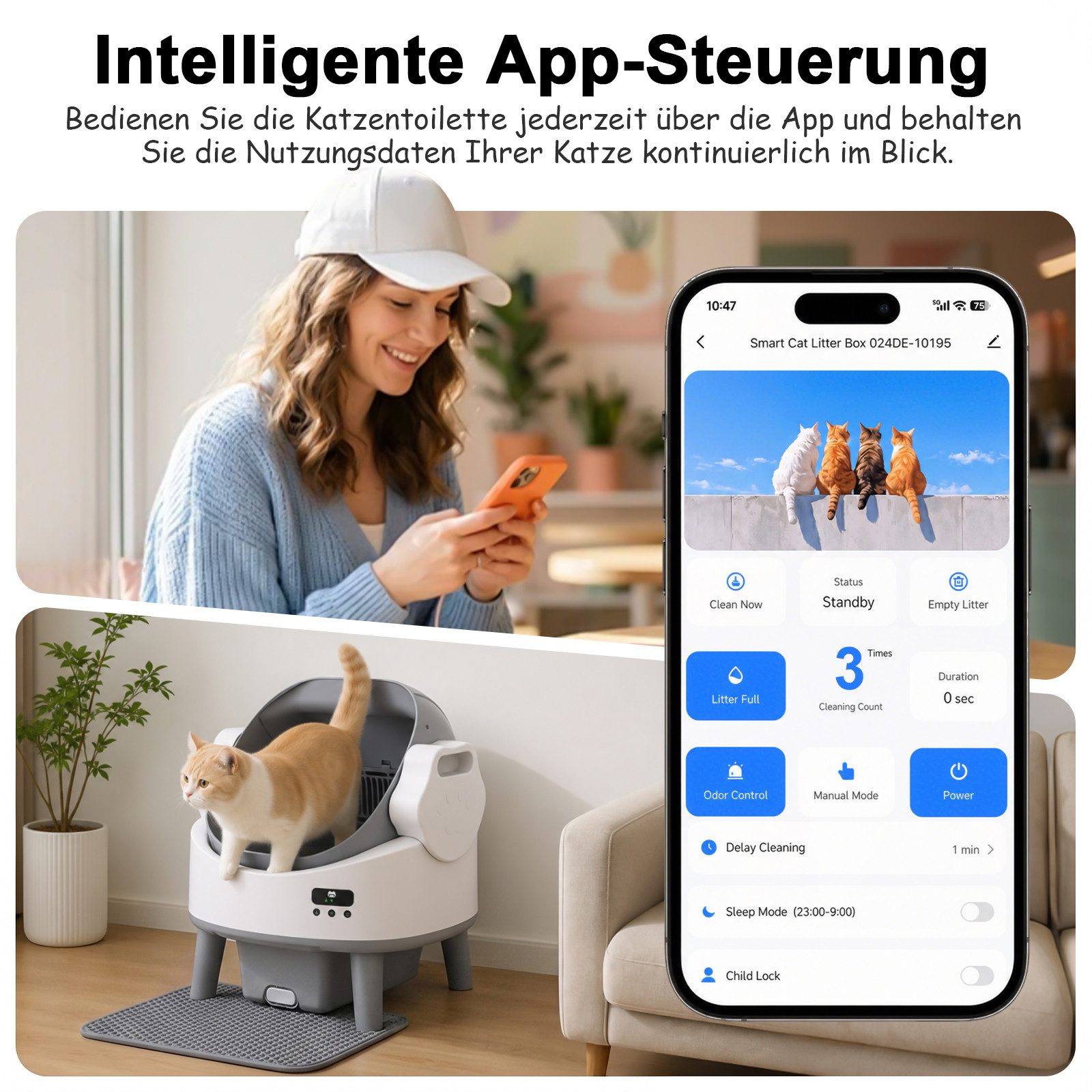 Rebonique Katzentoilette Selbstreinigende Katzentoilette XL mit App, bis 10 kg, inkl. Treppe, Duftspender, Katzenmatte, Müllbeutel, Sensorsystem, Leiser Betrieb