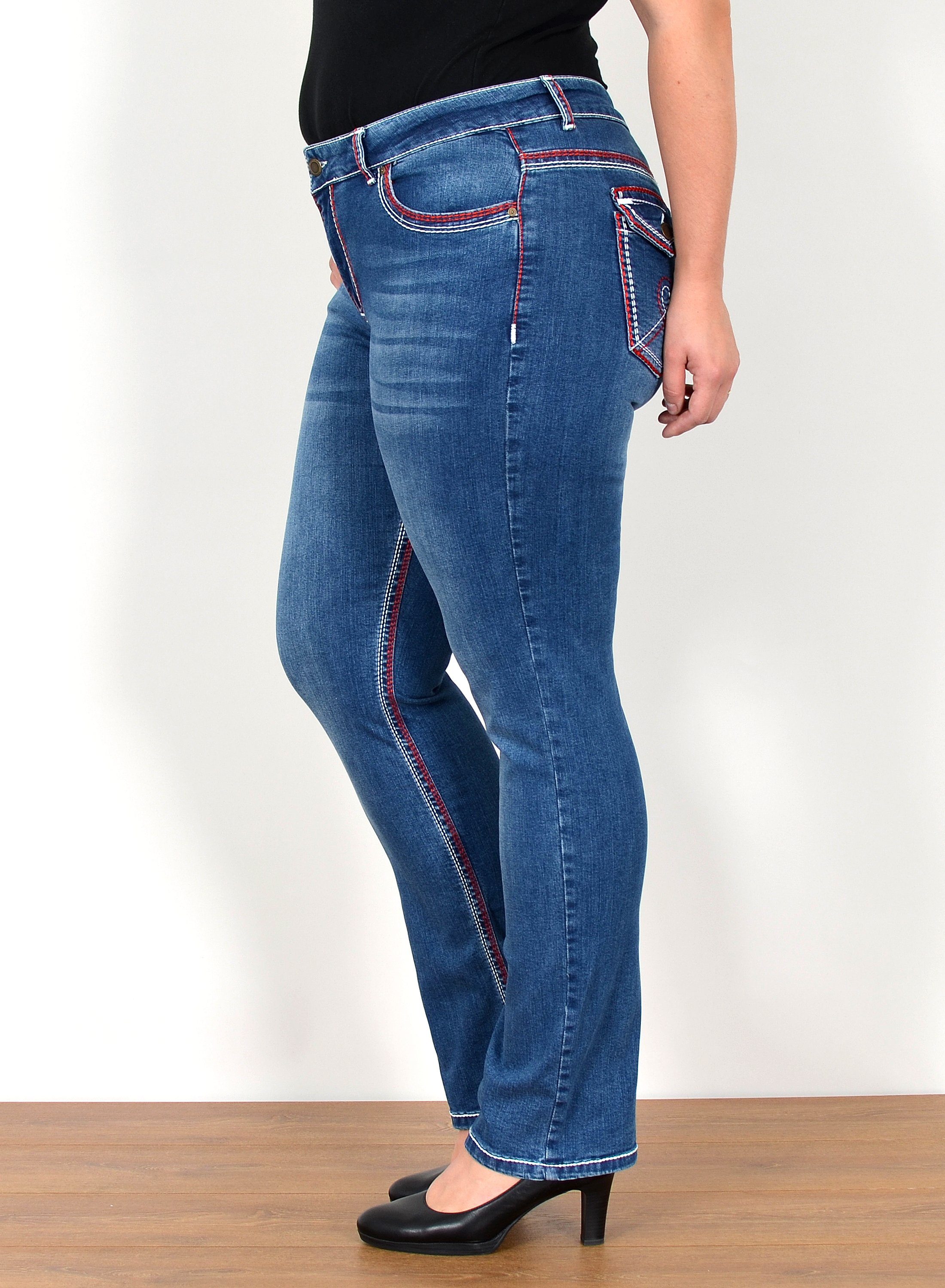 ESRA Straight-Jeans FG12 Straight Fit Jeans Damen High Waist Hose Kontrastnähte bis Plus Size