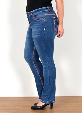 ESRA Straight-Jeans FG12 Straight Fit Jeans Damen High Waist Hose Kontrastnähte bis Plus Size, Straight Jeans Hose Stretch hohe Leibhöhe dicke Naht bis Große Größe, Gerade Schnitt Jeanshose Hoch Bund weiße Naht rote Naht bis Übergröße, Regular Jeans High Waist Hose Damen Jeans Straight mit dicken Nähten, Jeans Damen Jeans Hose Damen Hose, High Waist Jeans Damen High Waist, Damen Jeans Straight Damen Hose