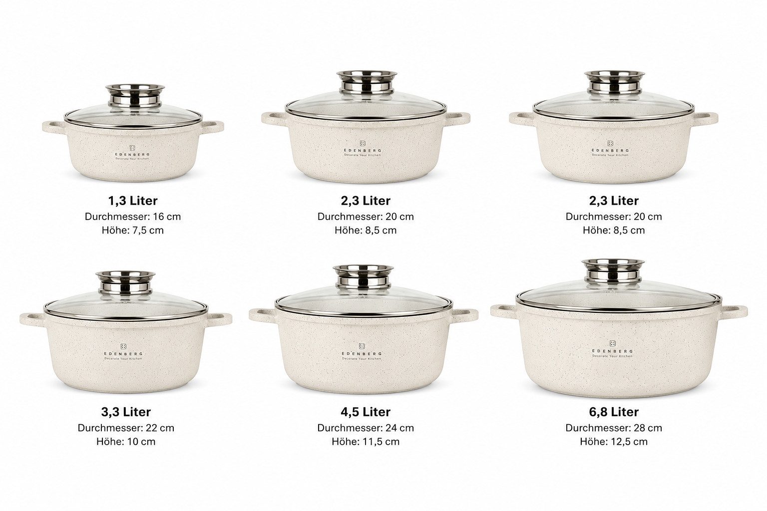 Edenberg Topf-Set Hochwertige beige Kochtöpfe mit langlebiger Steinbeschichtung, Keramik, Aluminium, Edelstahl, Aluminiumguss (12-tlg)