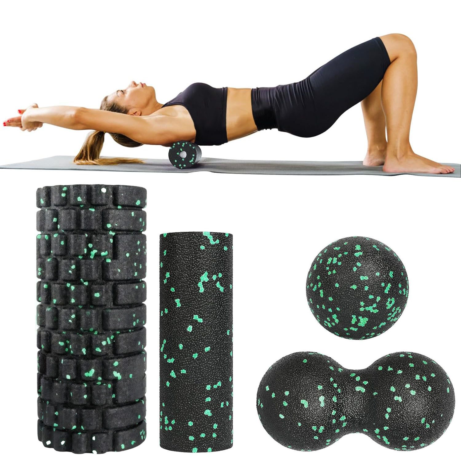 SURFOU Faszienrolle Set Faszien mit Kordelzugbeutel Großer Duoball, Faszienball Faszienrolle Selbst-Massage Set, Faszien Set für Rücken Wirbelsäule Bein Dehnungen und Faszientraining