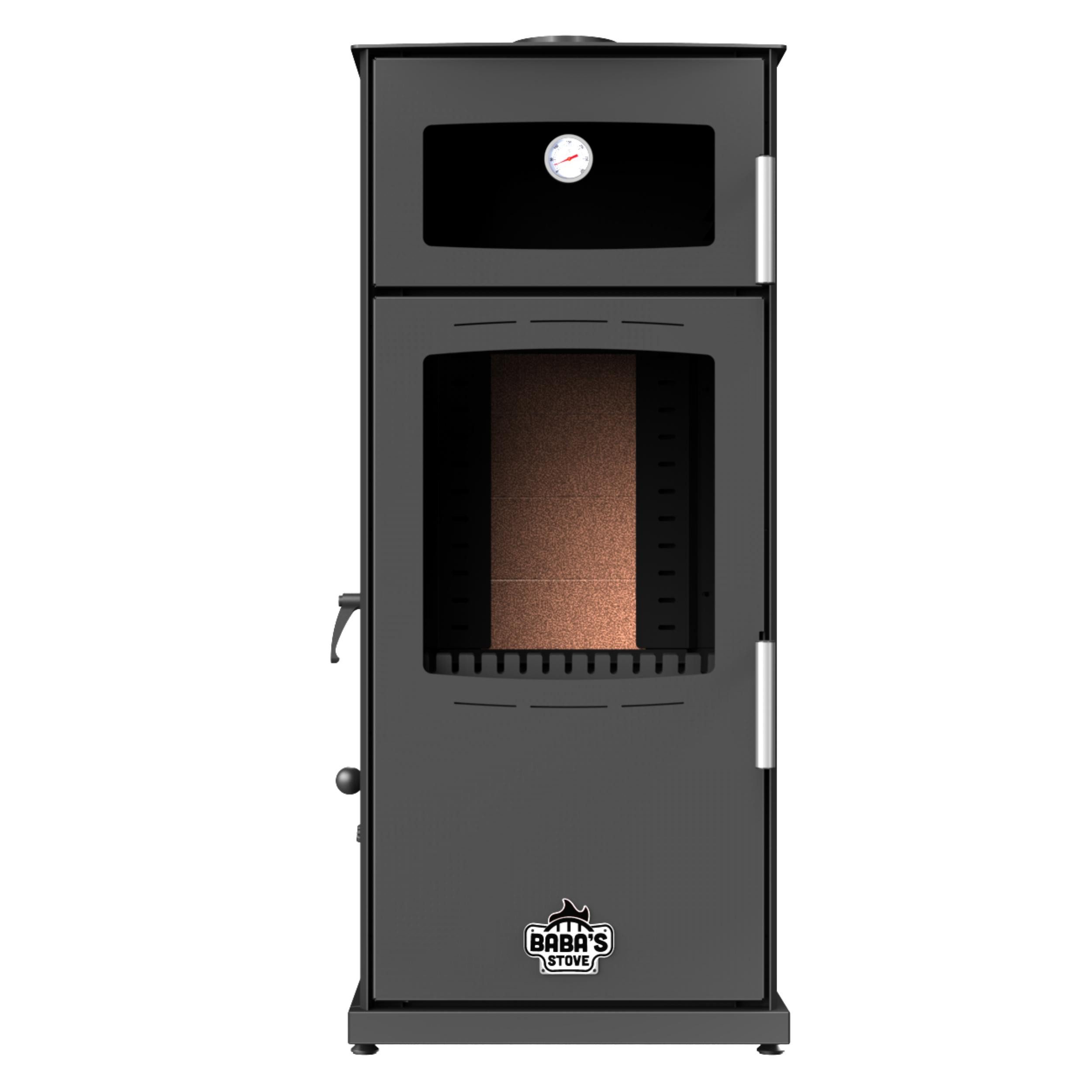 Baba's Kaminofen Gold Hybridofen Pellets und Holz Kombiofen Kaminofen mit Backfach, 12 kW, Dauerbrand, Dauerbrandofen, Schwarz Holzofen Holz Ofen Kamin