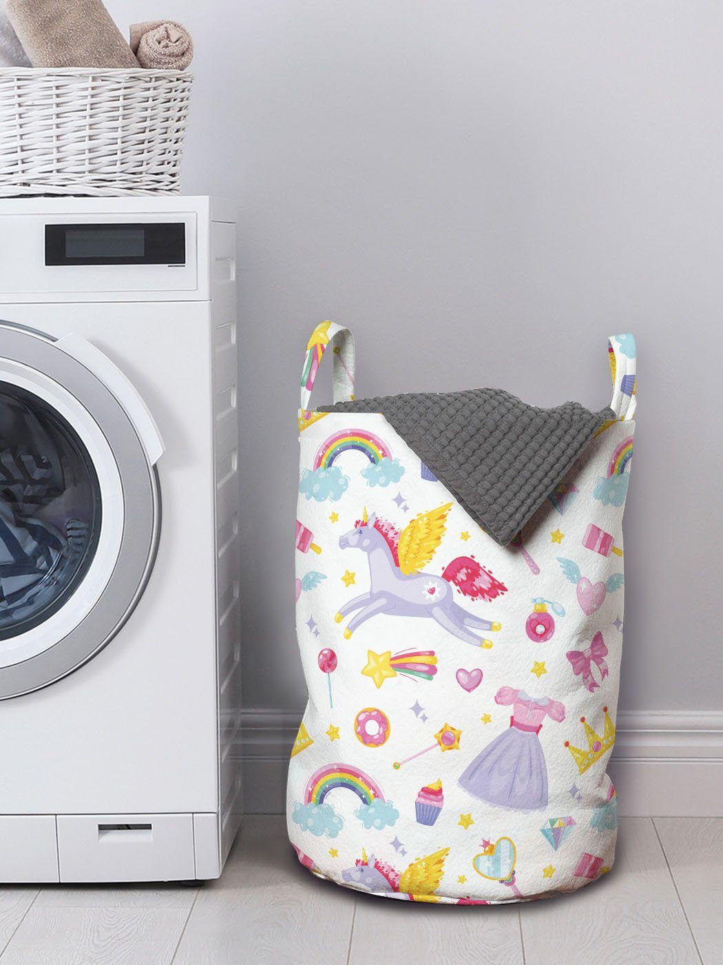 Einhorn-Pegasus-Bonbons Wäschesäckchen Regenbogen mit Griffen Kordelzugverschluss Waschsalons, für Abakuhaus Wäschekorb