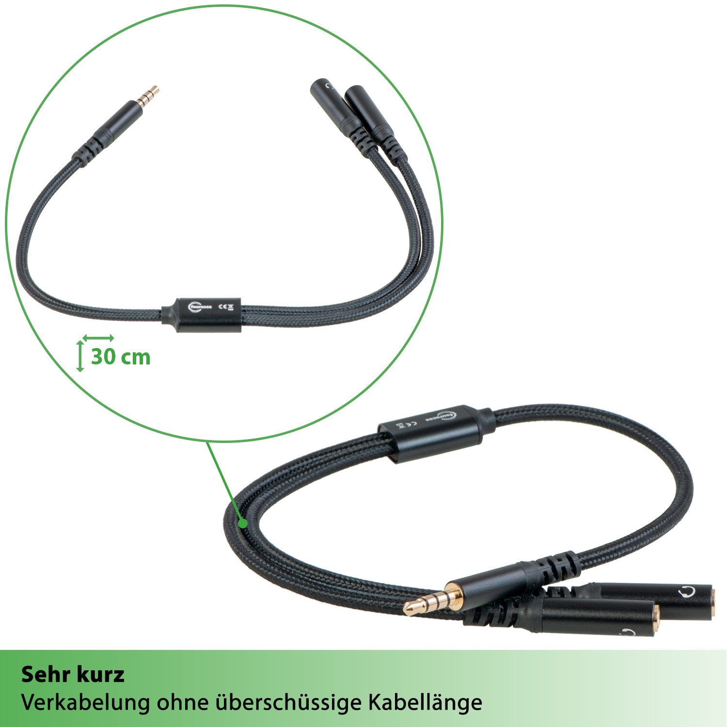 fouraces fouraces AUX Splitter, kurz, 30cm, 4pol für Headset, Kopfhörer, Handy Audio-Kabel, 3,5-mm-Klinke, 3,5-mm-Klinke (30 cm), perfekt für sehr kurze Verkabelungswege - z.B. im Auto