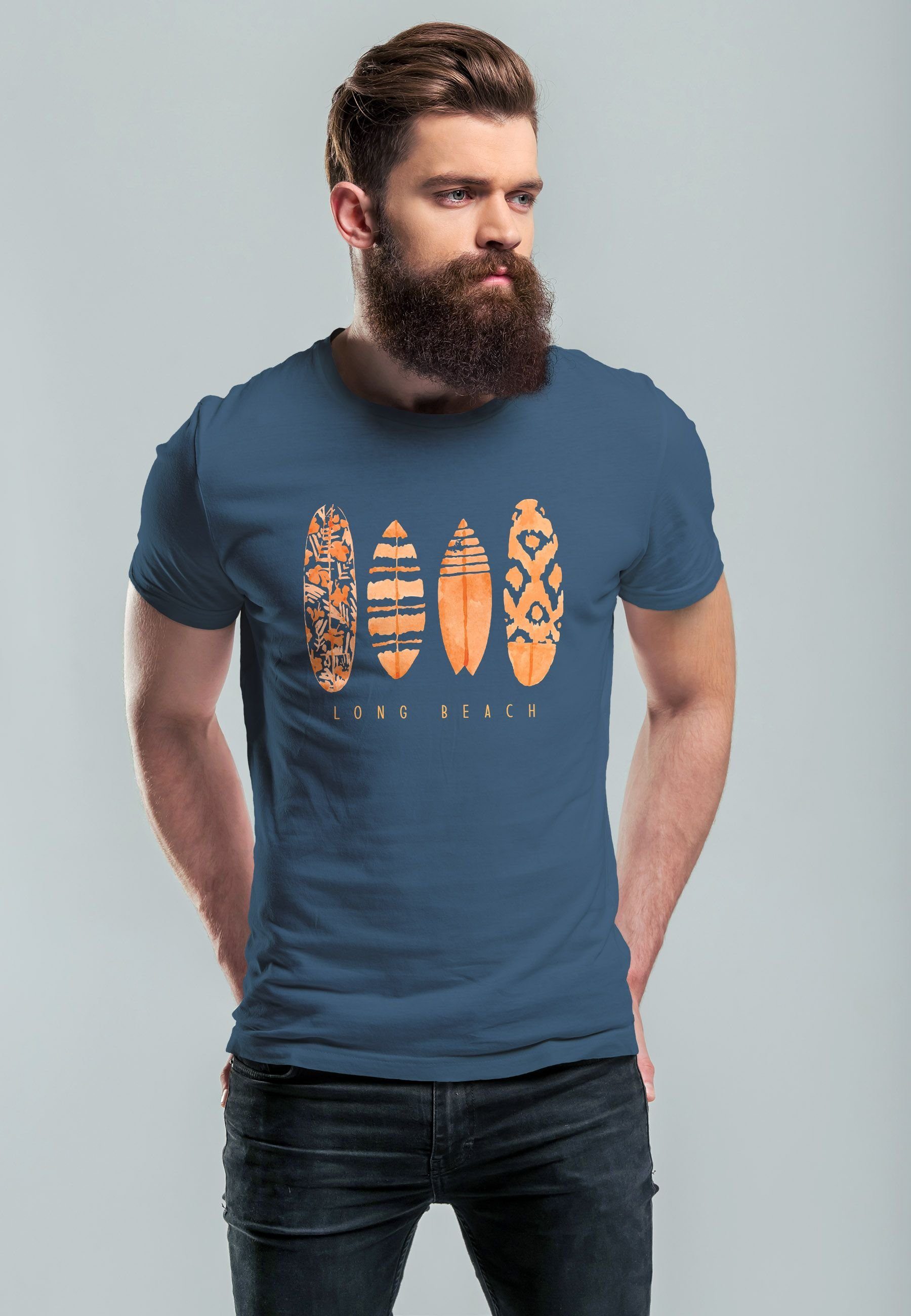 Neverless Print-Shirt Aufdruck Long Print mit blau-gelb Sommer Herren Fashion St Surfboard Surfing Beach T-Shirt
