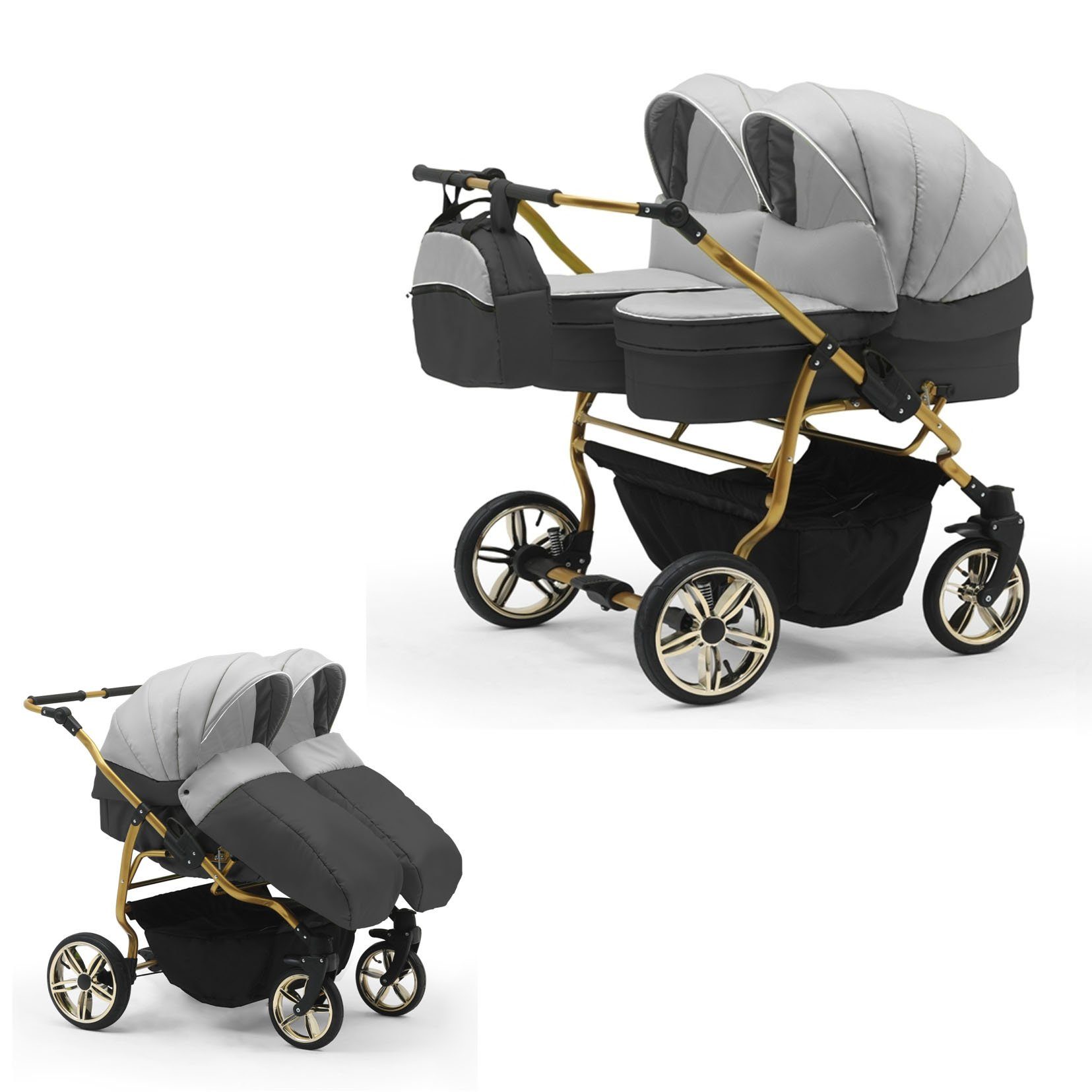 babies-on-wheels Zwillingswagen Zwillingskinderwagen 2 in 1 Duet Lux - 10 Teile - in 33 Farben Hellgrau-Dunkelgrau