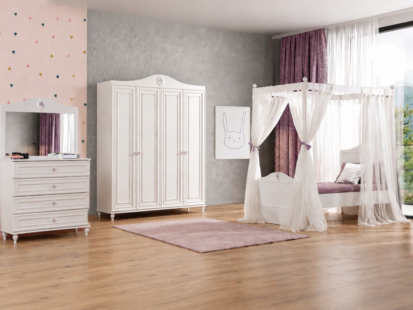 Xlmoebel Himmelbett Himmelbett Kleiderschrank Kommode Spiegel Weiß Holz Textil (4-tlg., 4-tlg)