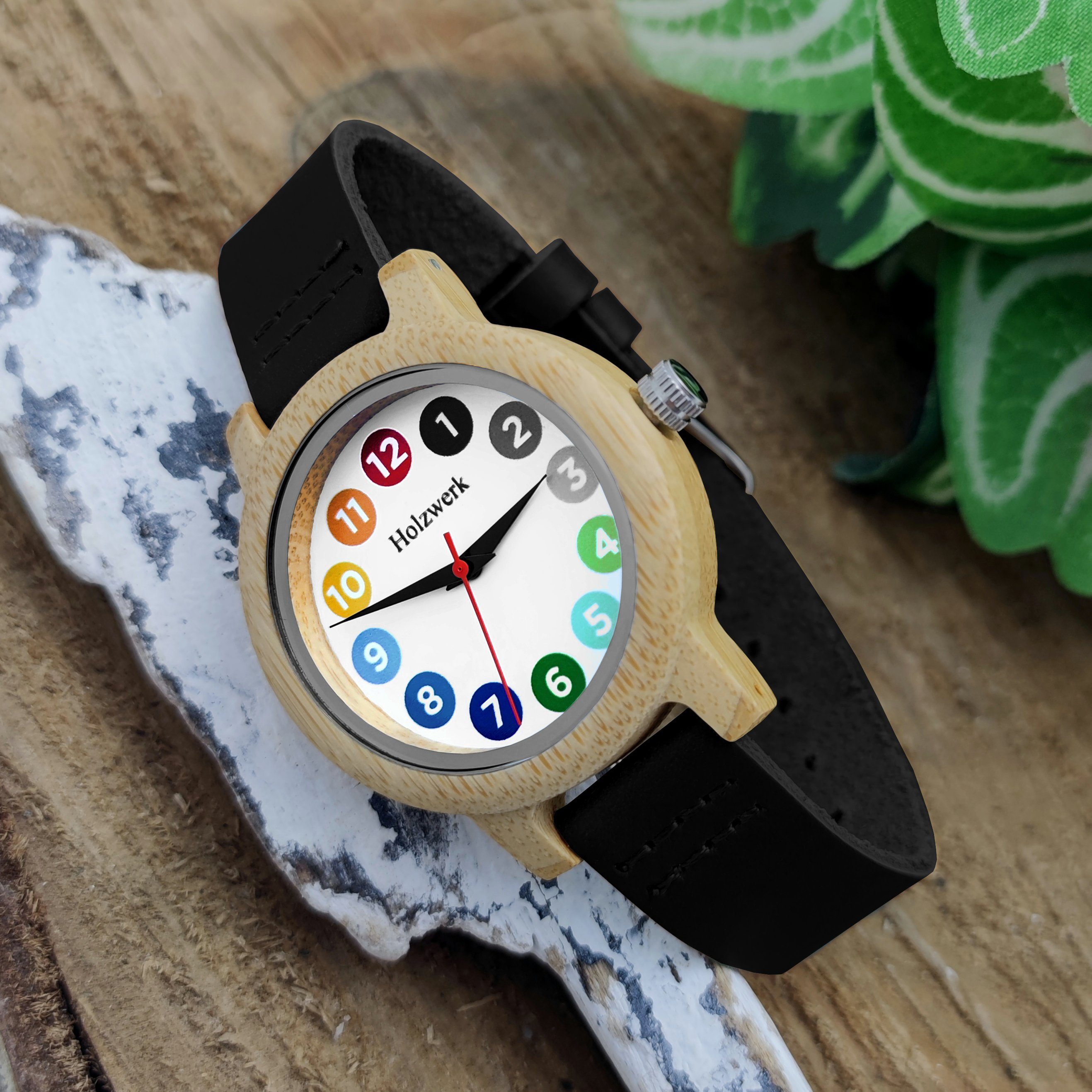Holzwerk Quarzuhr LIL RAINBOW BLACK bunte Kinder Leder & Holz Armband Uhr, schwarz
