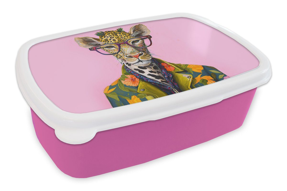 MuchoWow Lunchbox Tiere - Giraffe - Brille - Blumen, Kunststoff, (2-tlg), Brotbox für Erwachsene, Brotdose Kinder, Snackbox, Mädchen, Kunststoff rosa