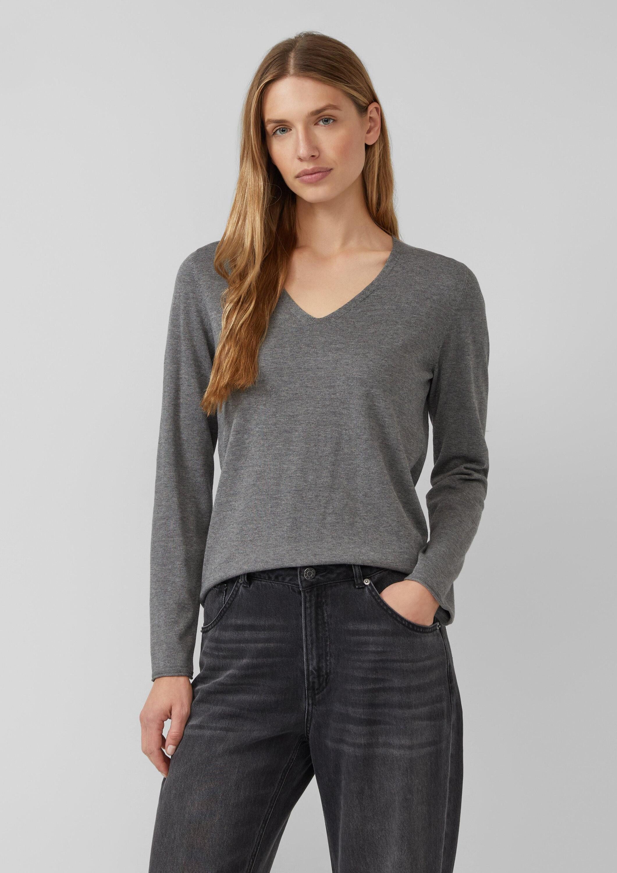 s.Oliver Longpullover Strickpullover Feinstrickpullover mit V-Ausschnitt und Rollkante am Saum