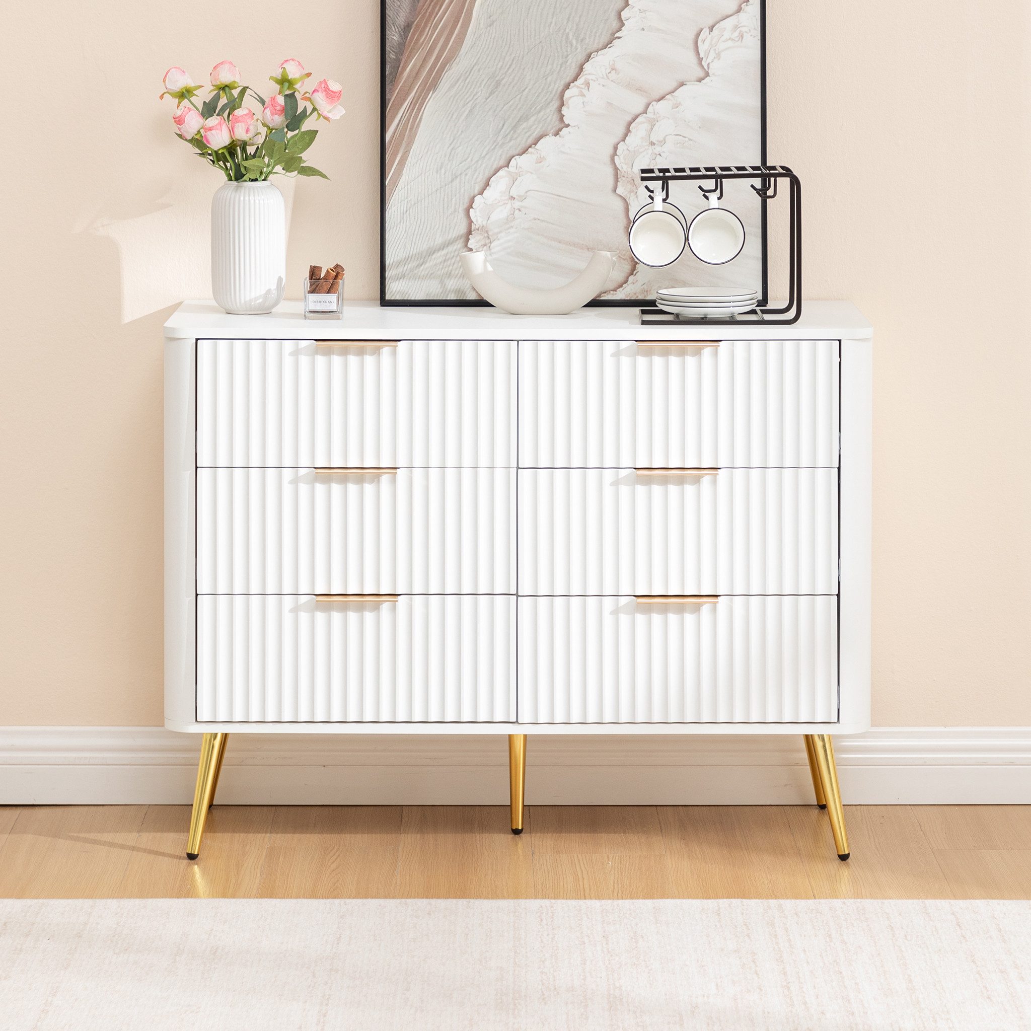 Thanaddo Sideboard Moderner weißer Aufbewahrungsschrank/Nachttisch mit Metallgriffen