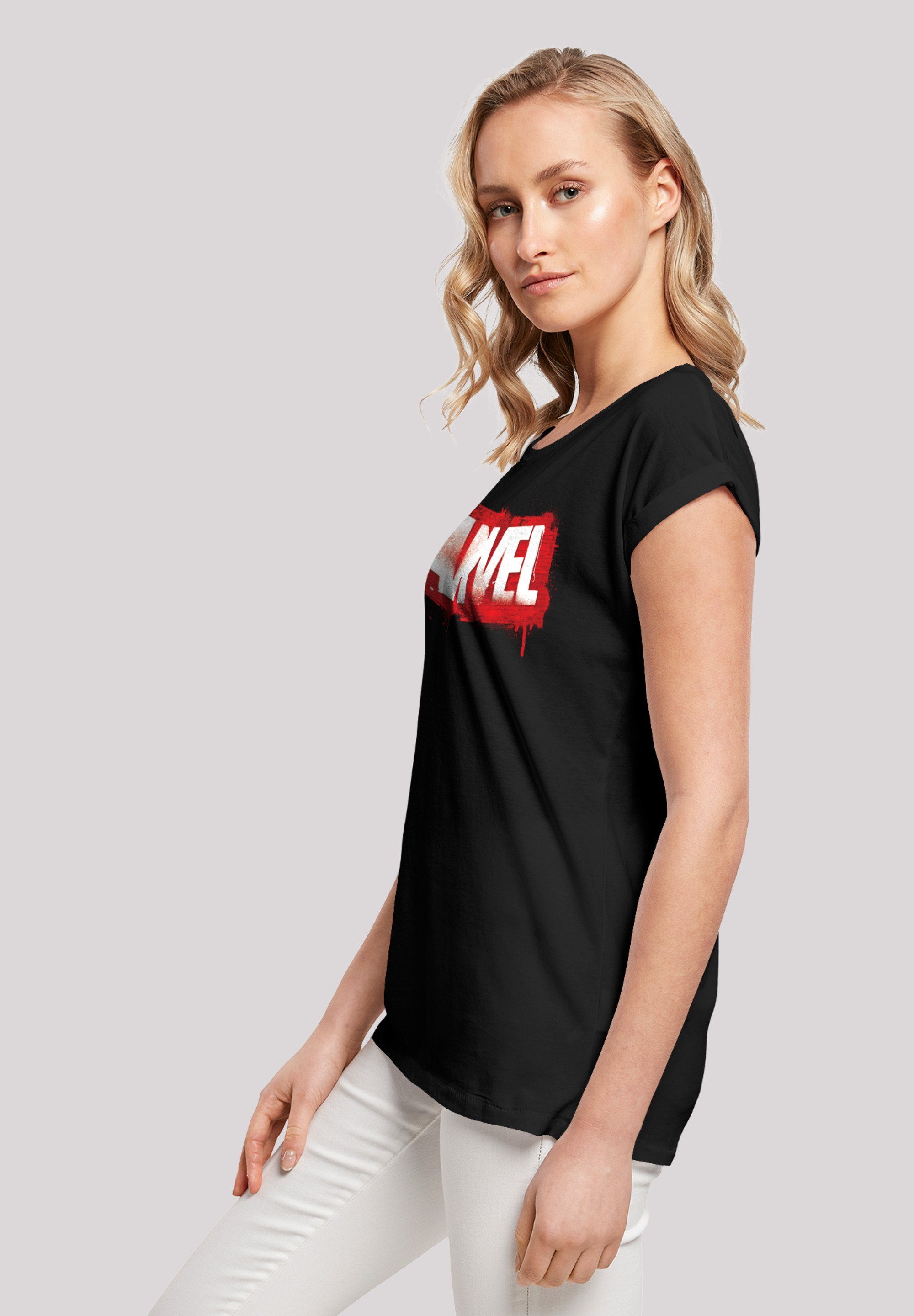 black (1-tlg) F4NT4STIC Extended Kurzarmshirt Ladies Logo with Spray Damen Marvel Shoulder Tee