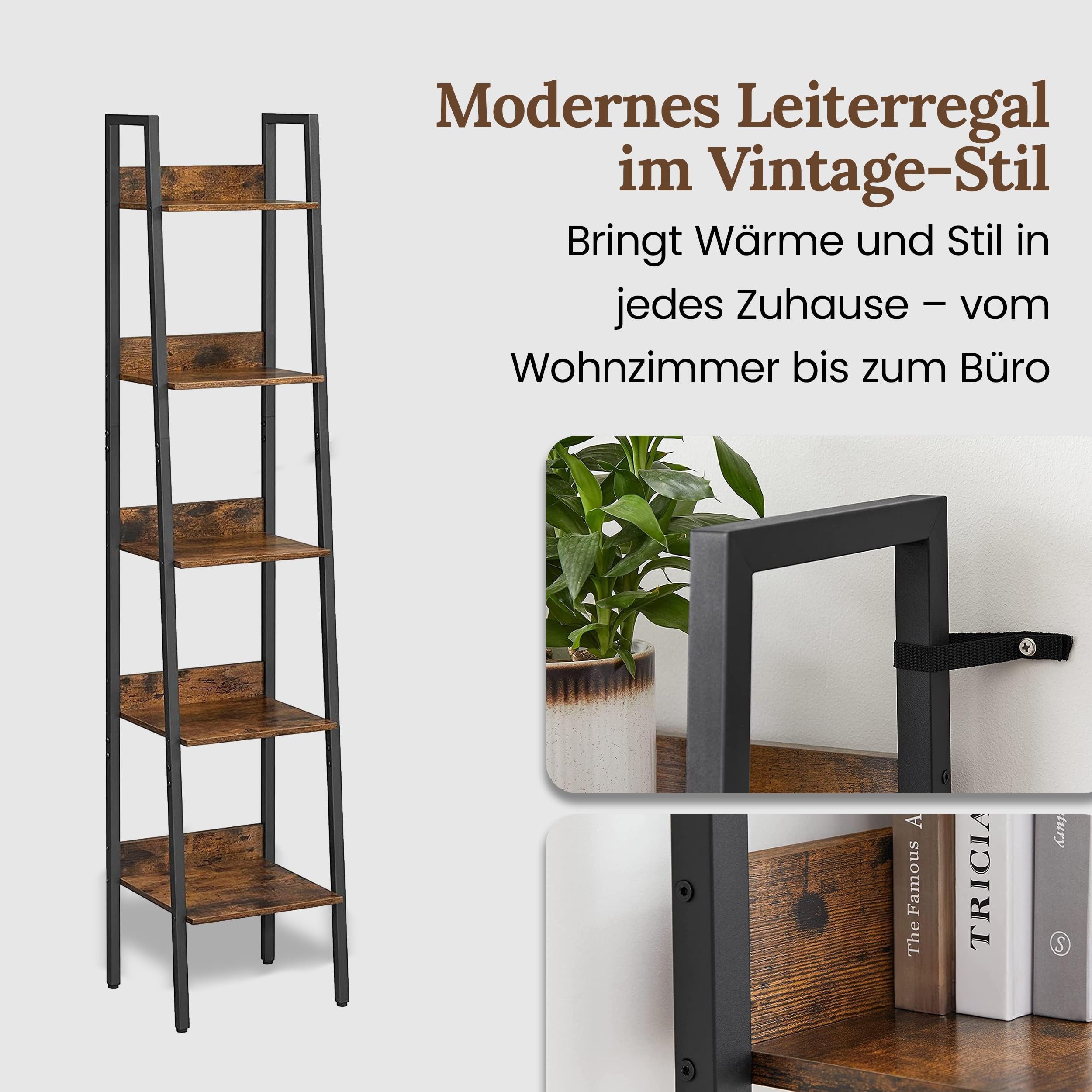 Best for Home Bücherregal Holzregal Vintage – stabiles 5-Böden Regal für stilvollen Stauraum, Einzelmöbel 1-tlg., vielseitig einsetzbar, platzsparendes und dekoratives Stauraummöbel