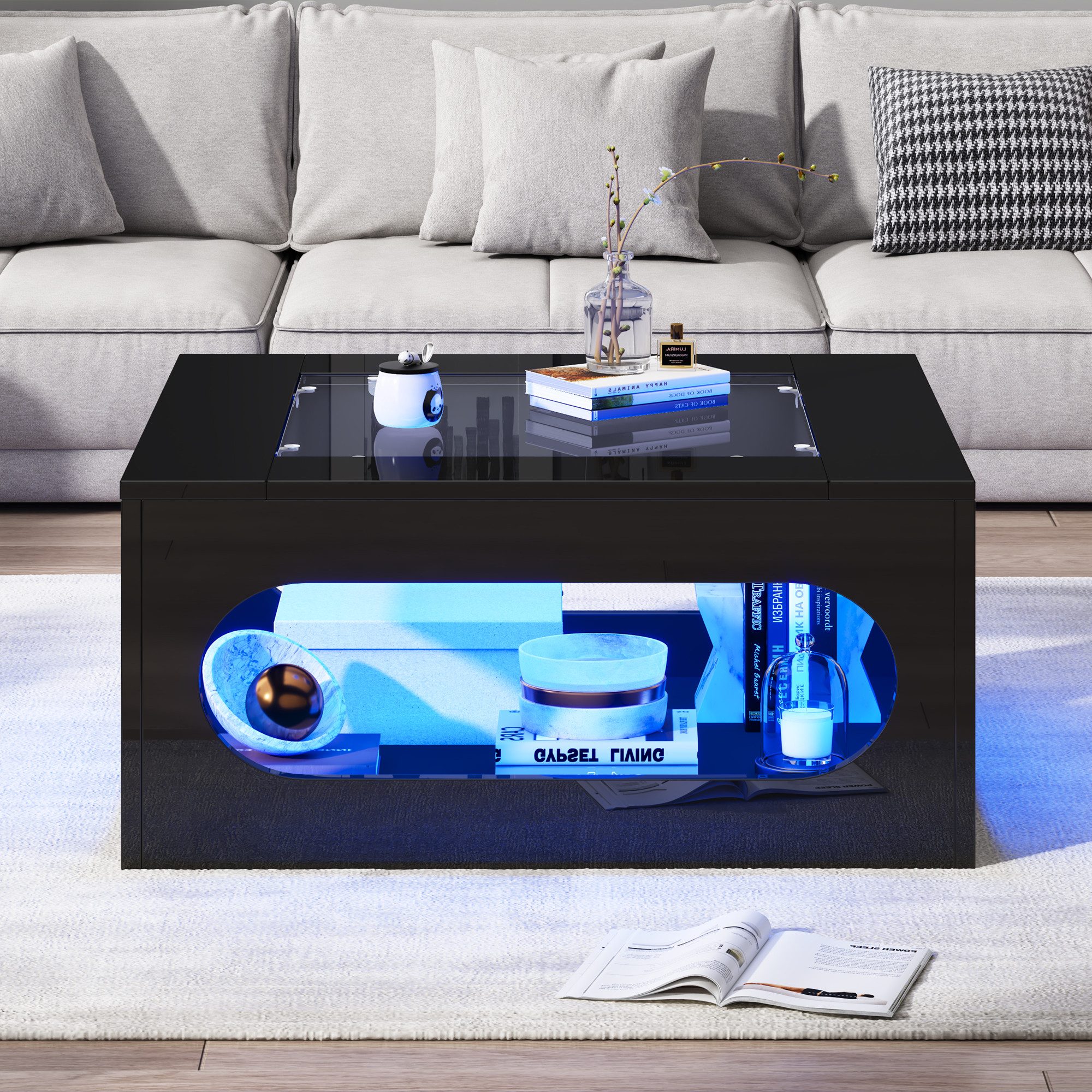 HAUSS SPOLE Couchtisch mit Glasplatte,Wohnzimmertisch Hochglanz-Sofatisch mit LED-Licht (Satztisch, Wohnzimmertisch, 1-St., 70*70*35cm quadratischer Teetisch), Hochglanz LED Beistelltisch mit Tischplatte aus gehärtetem Glas
