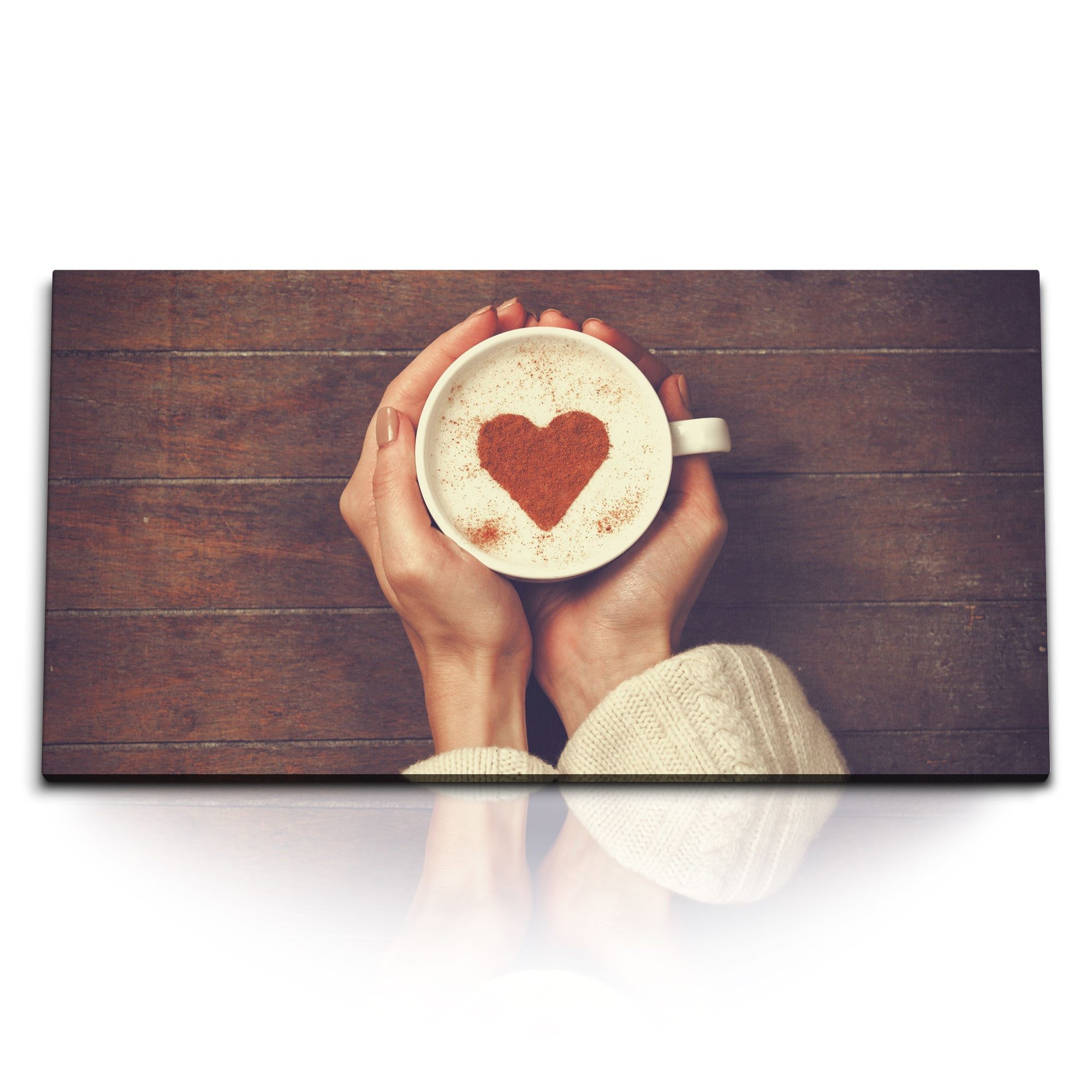 Sinus Art Leinwandbild Kunstdruck Bilder 120x60cm Kaffee mit Herz Tee Zimt junge Frau, (1 St)