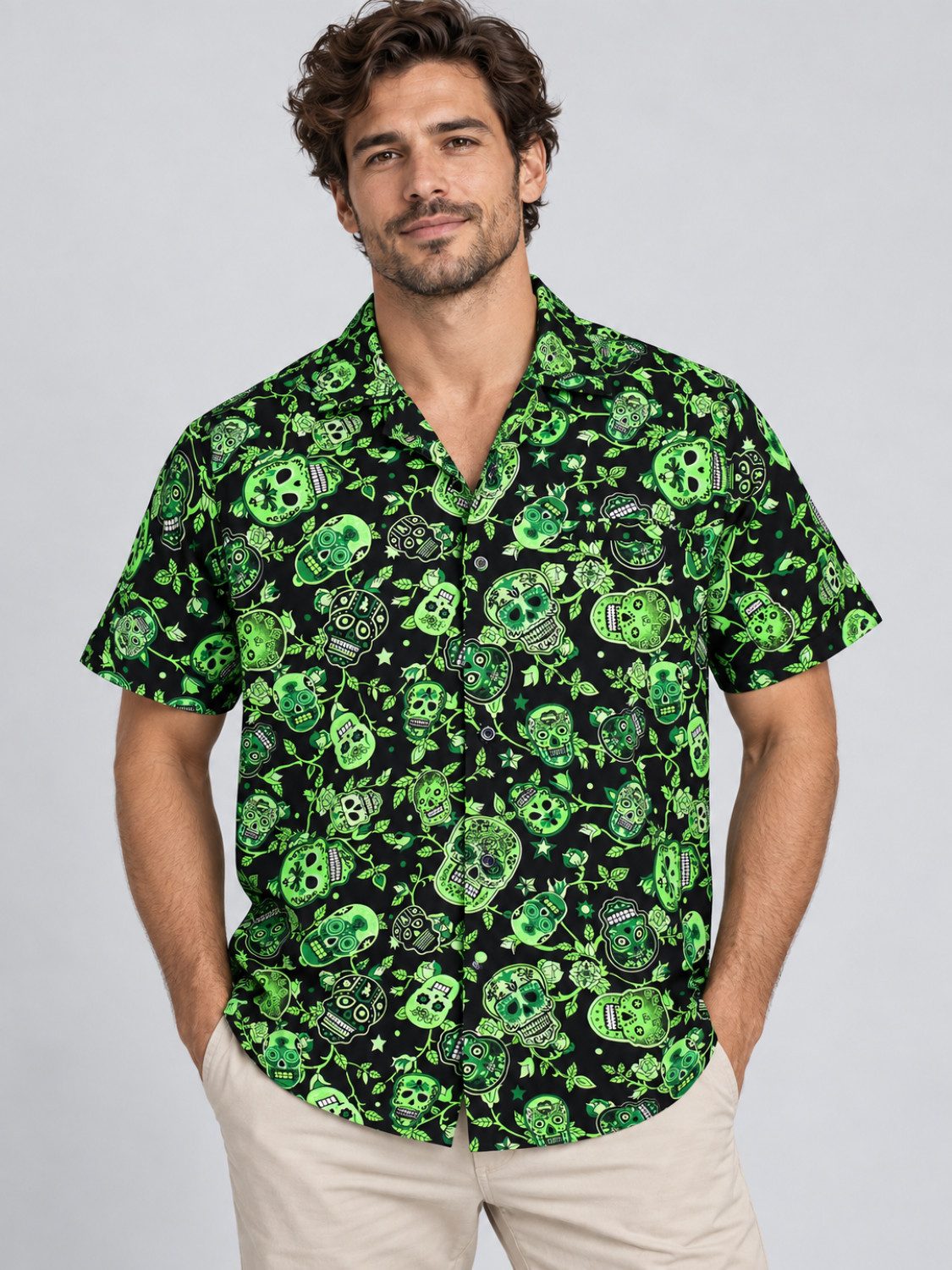 King Kameha Hawaiihemd "Skull" Funky Hawaii-Hemd Herren Kurzarm Front-Tasche Stylish – Bild 3 von 5