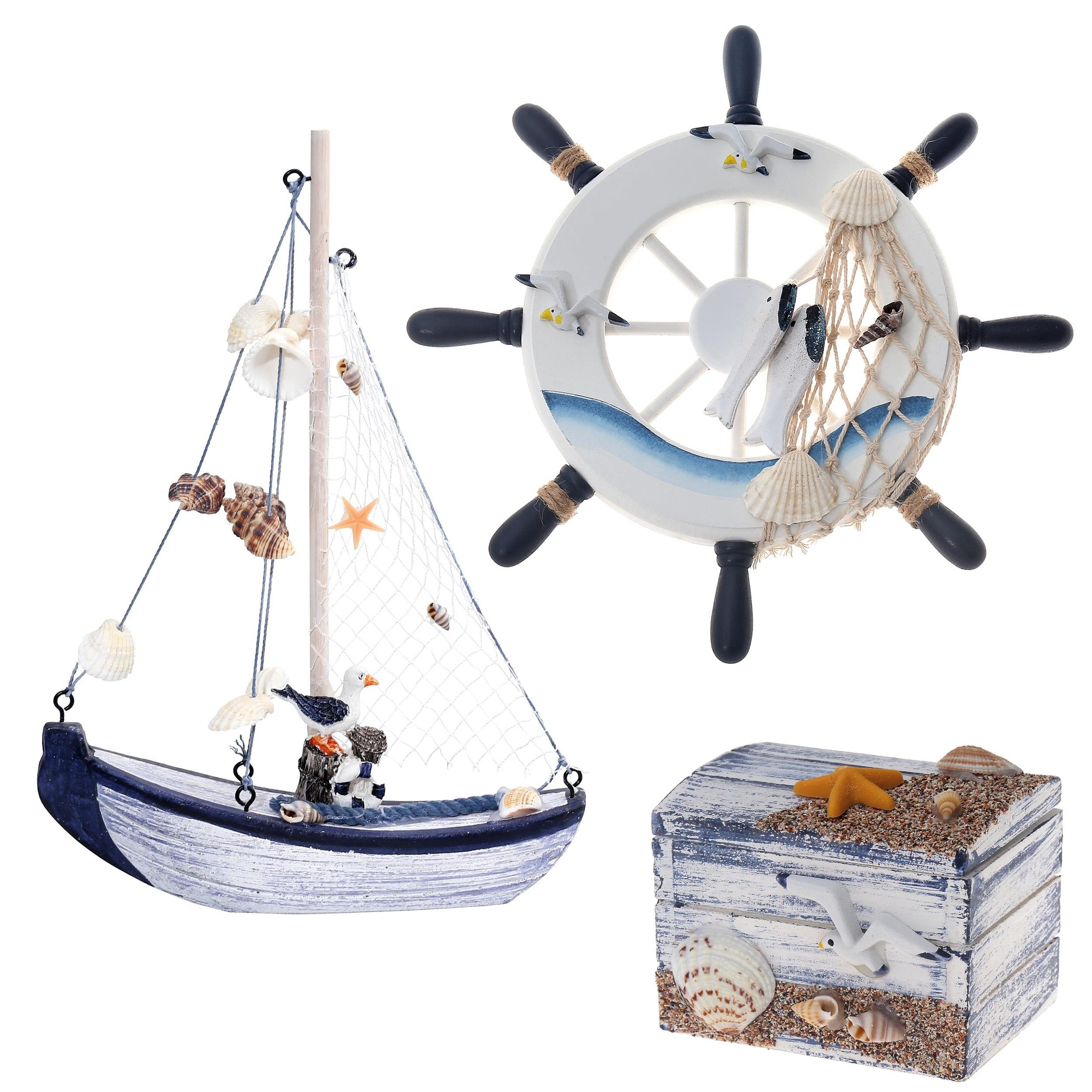 Flanacom Badaccessoires-Sets Maritime Badezimmer Deko - Holz Decor Accessoires, 3er Set, Steuer-Rad, Segel-Schiff und Schatz-Truhe