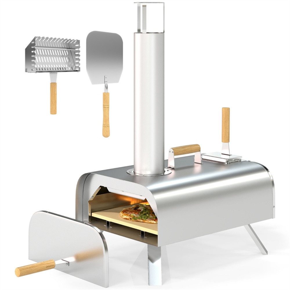 MODFU Feuerschale Outdoor Pizzaofen Pizza, (Edelstahl, holzbefeuert mit 1 cm dickem Pizzastein, klappbare Beine, Pizzaschaufel und Deckel – tragbarer Holzofen)