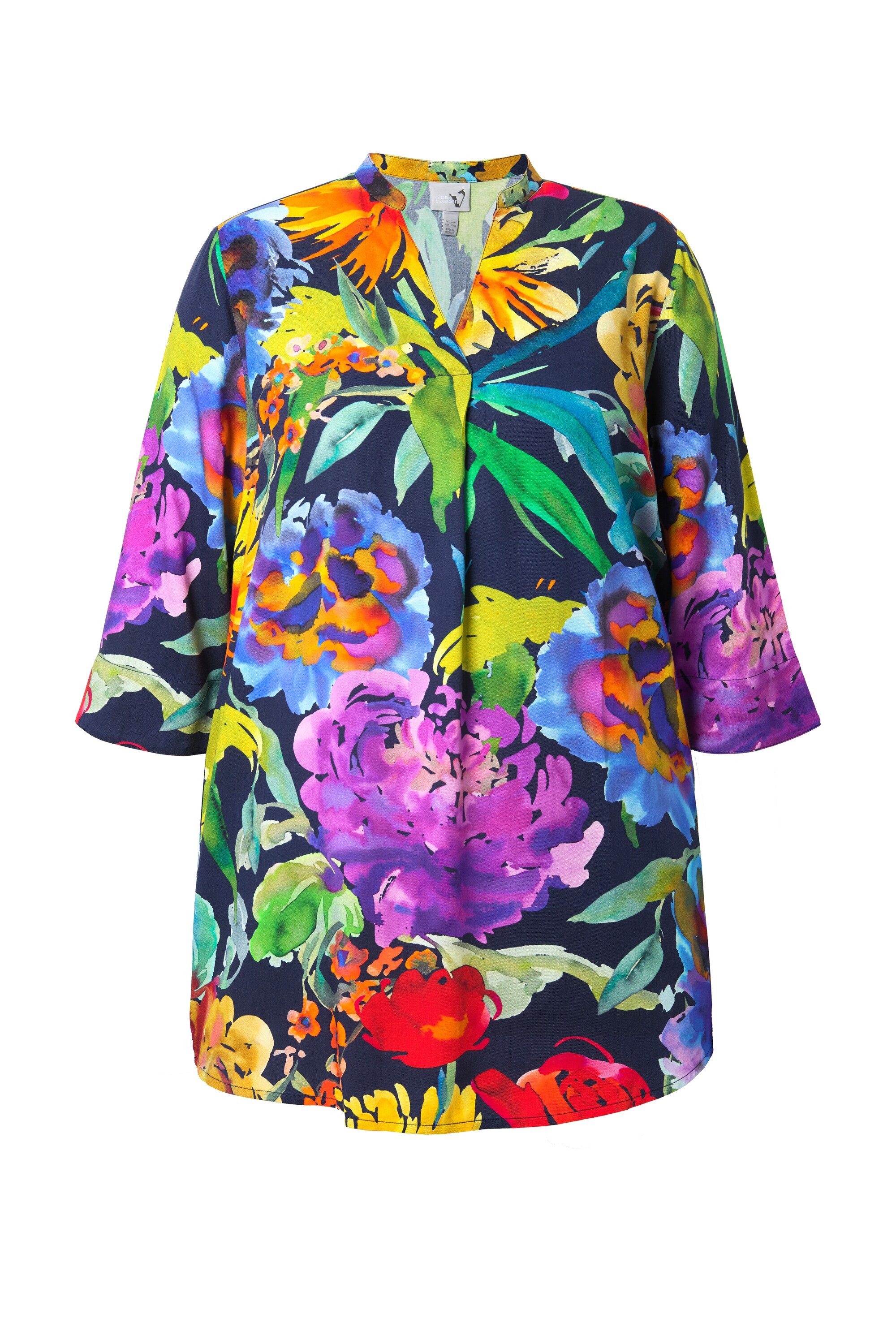 Ulla Popken Tunika Tunika Stehkragen V-Ausschnitt Zierfalte 3/4-Arm günstig online kaufen