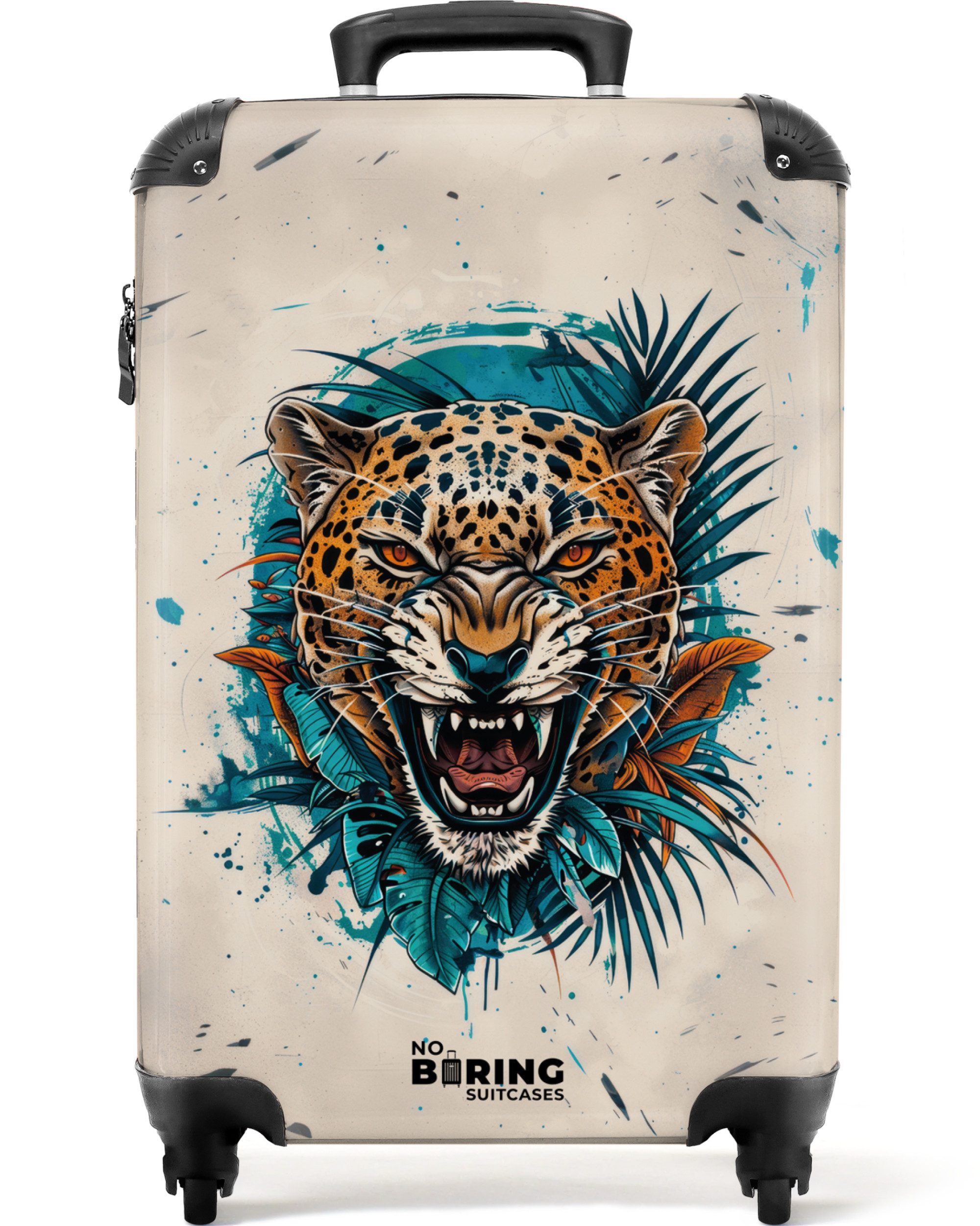 NoBoringSuitcases.com© Hartschalen-Trolley Beige mit Jaguar 55x35x20cm, 4 Rollen, Reisekoffer mit 4 Rollen, Carry on luggage, Männer