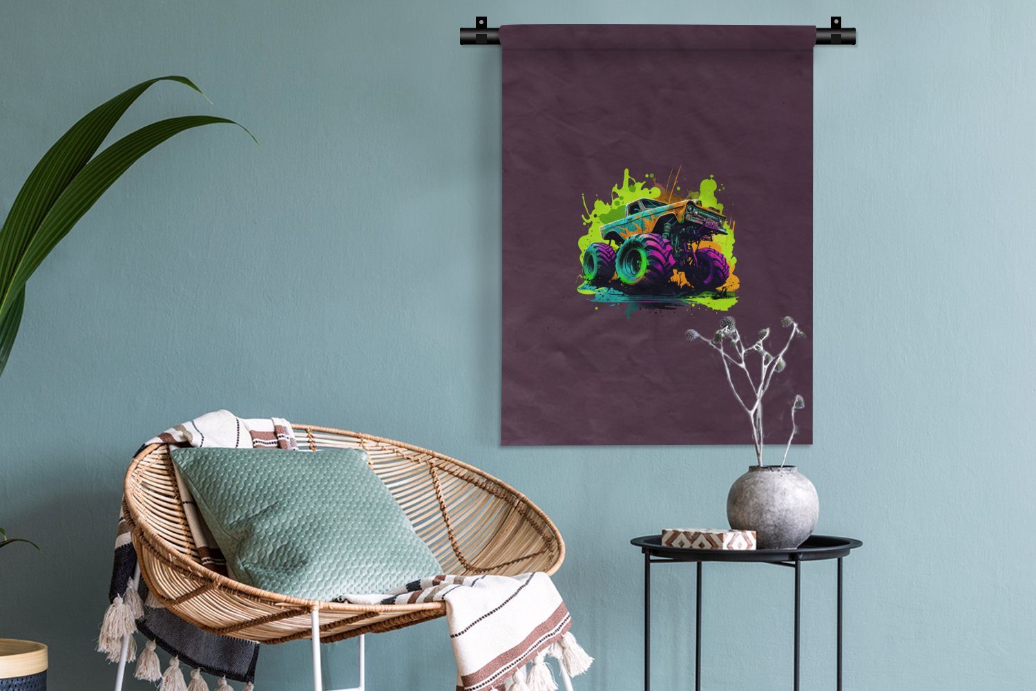 - Wanddekoobjekt Deko - Design, Wohnzimmer, - Auto Neon der für Grün Schlafzimmer MuchoWow Monstertruck an Tapisserie, - Wand,