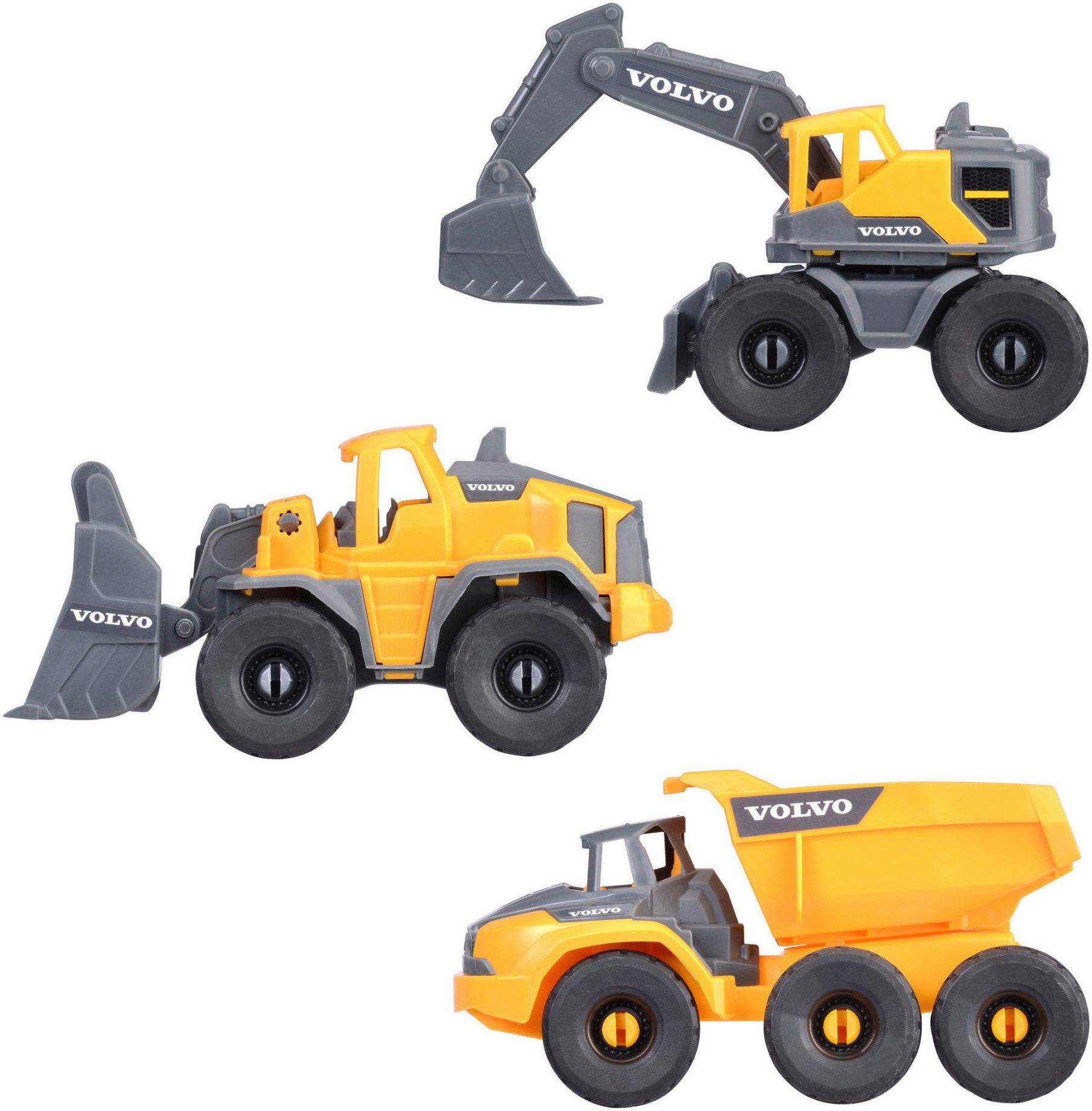 Dickie Toys Spielzeug-Baumaschine Volvo Construction Set, (Set, Bestehend aus Bagger, Radlader, Kipplaster)