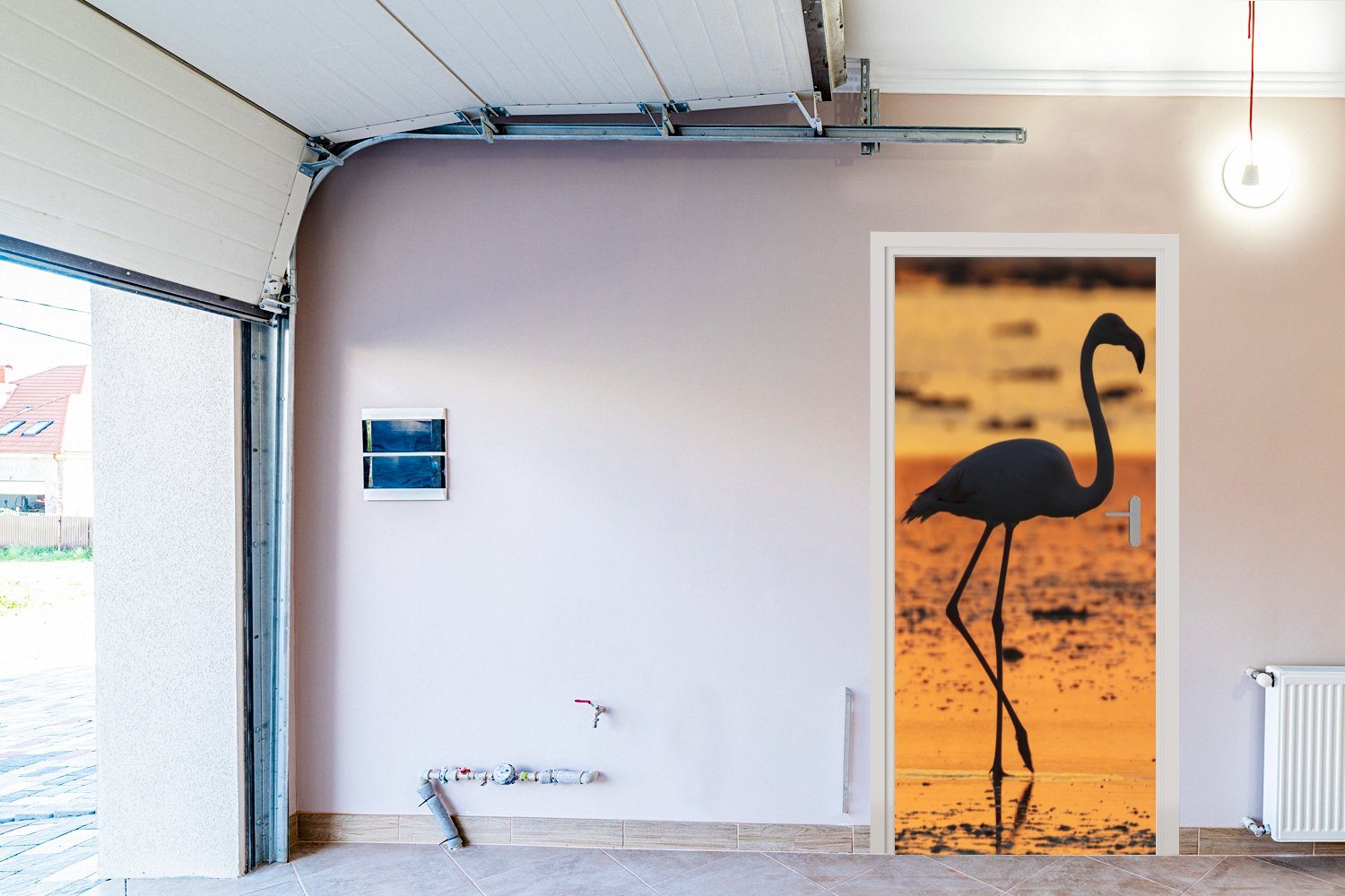 MuchoWow Türtapete Silhouette St), Matt, Tür, bedruckt, Fototapete (1 eines für Flamingos Türaufkleber, cm 75x205 bei Sonnenuntergang