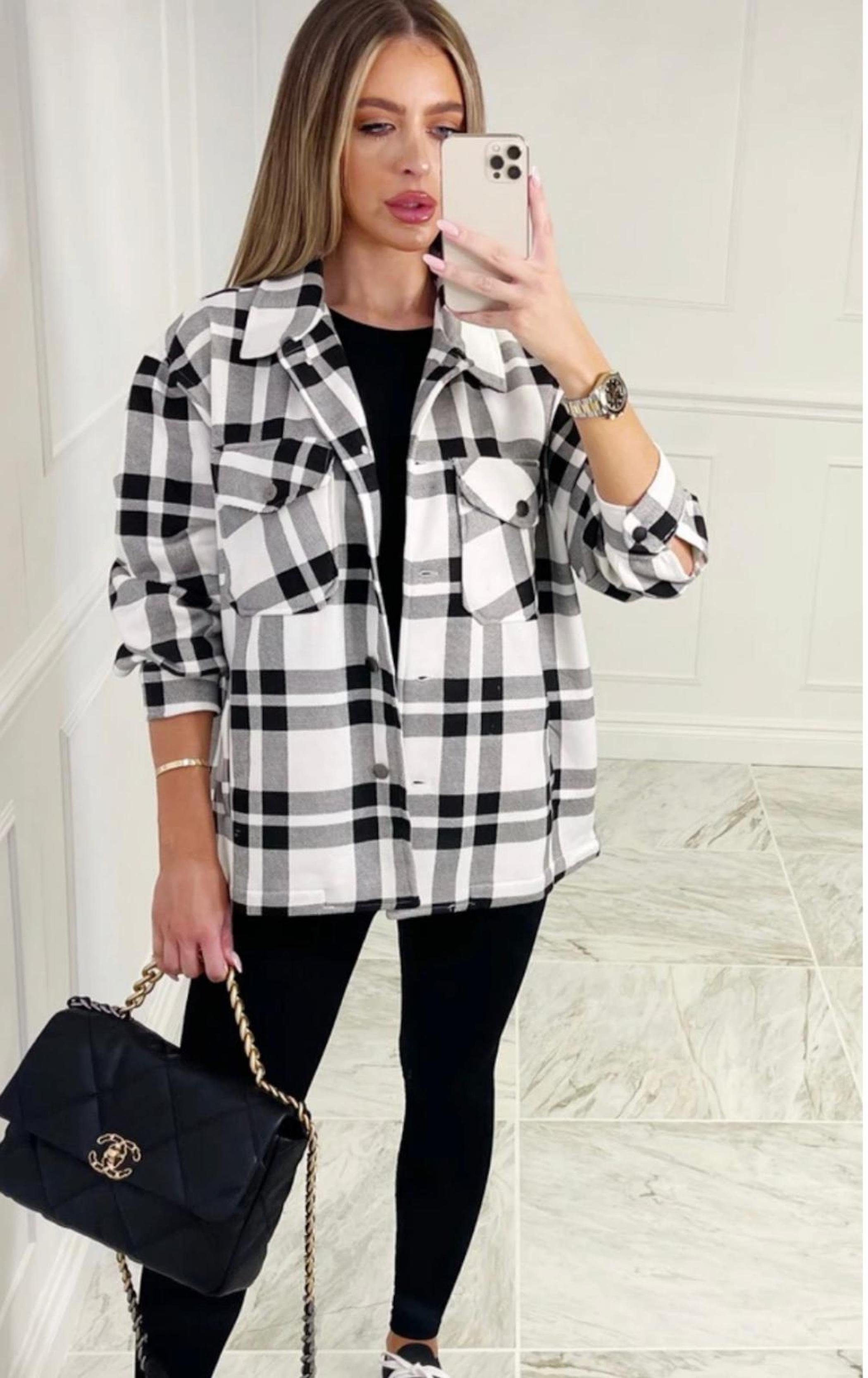 Worldclassca Flanellbluse Worldclassca Oversized Karo Hemd Kariert Hemdjacke Holzfällerhemd Weiß