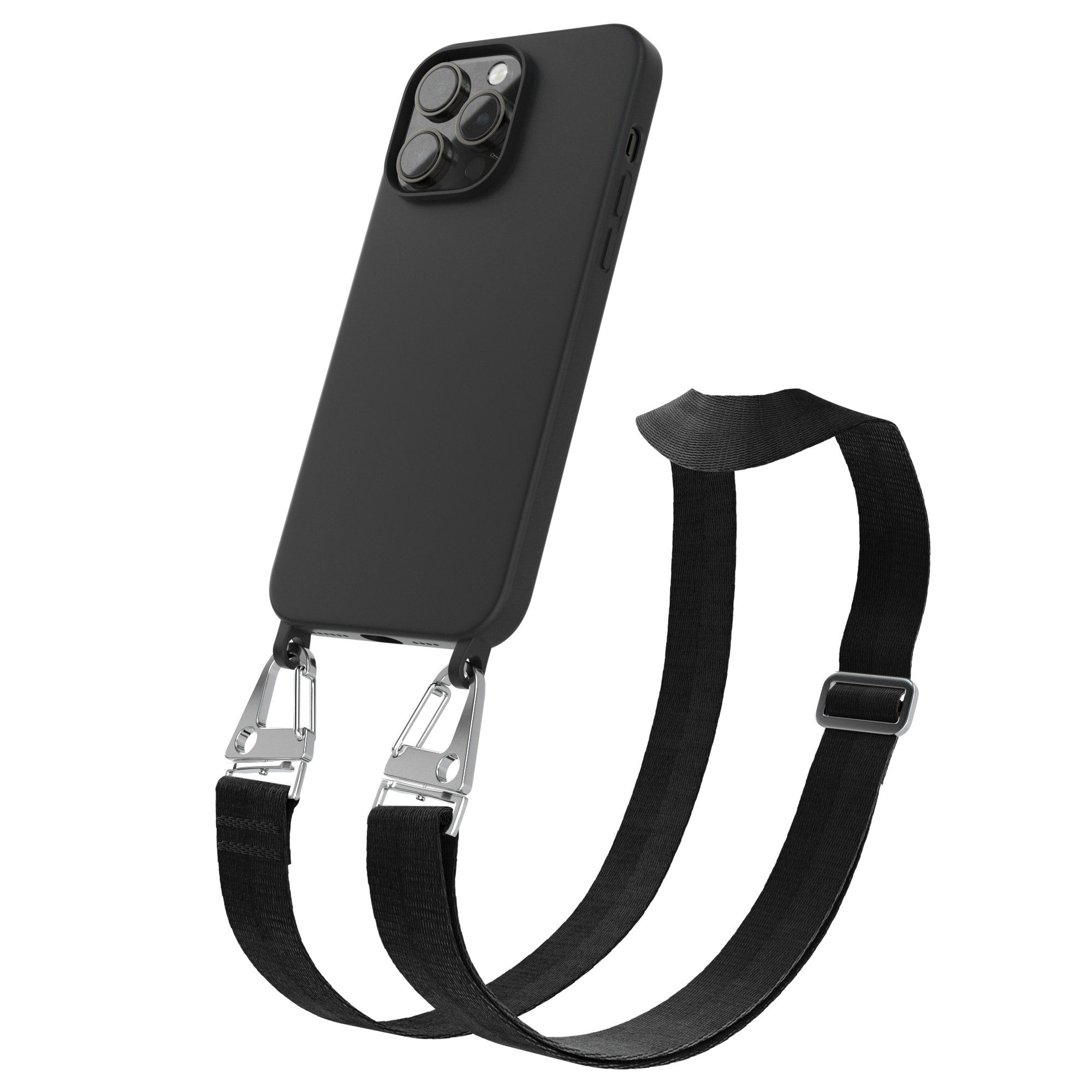 EAZY CASE Handykette Karabiner Breitband für Apple iPhone 14 Pro Max 6,7 Zoll, Schutzhülle zum Umhängen Handyhülle Umhängeband Matt Schwarz Silber