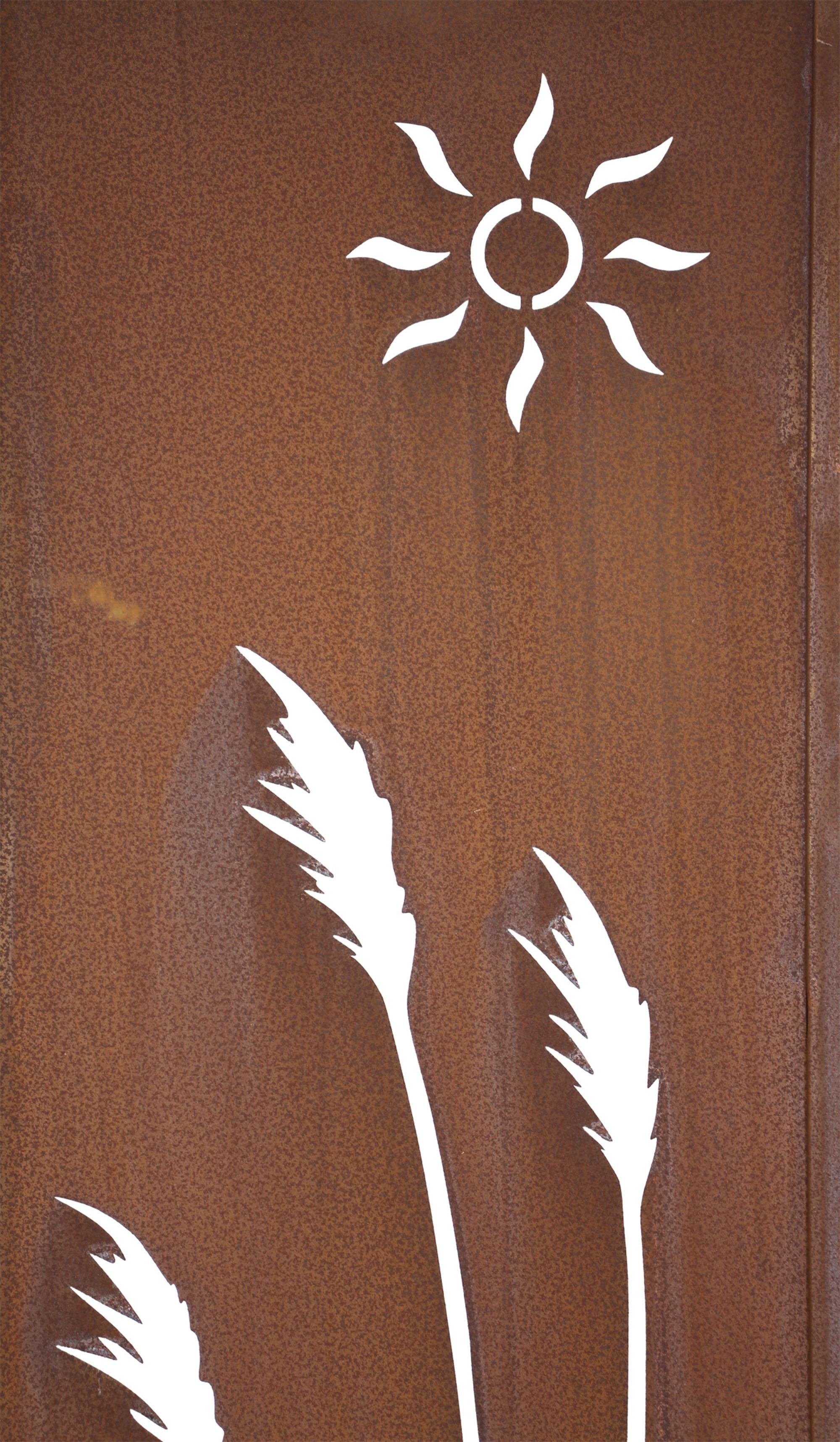 Dekoleidenschaft Gartenstecker Dekoschild "Schilf" 117 cm hoch aus Metall in Rostoptik, Ausstanzungen (1-St) Gartenpaneel, Roststecker, Metallstecker, Gartendeko für Draußen