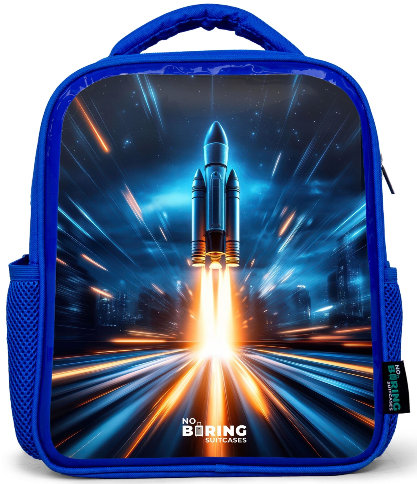 Rucksack Blau - Weltraumrakete hebt in nächtlicher Lichtshow ab