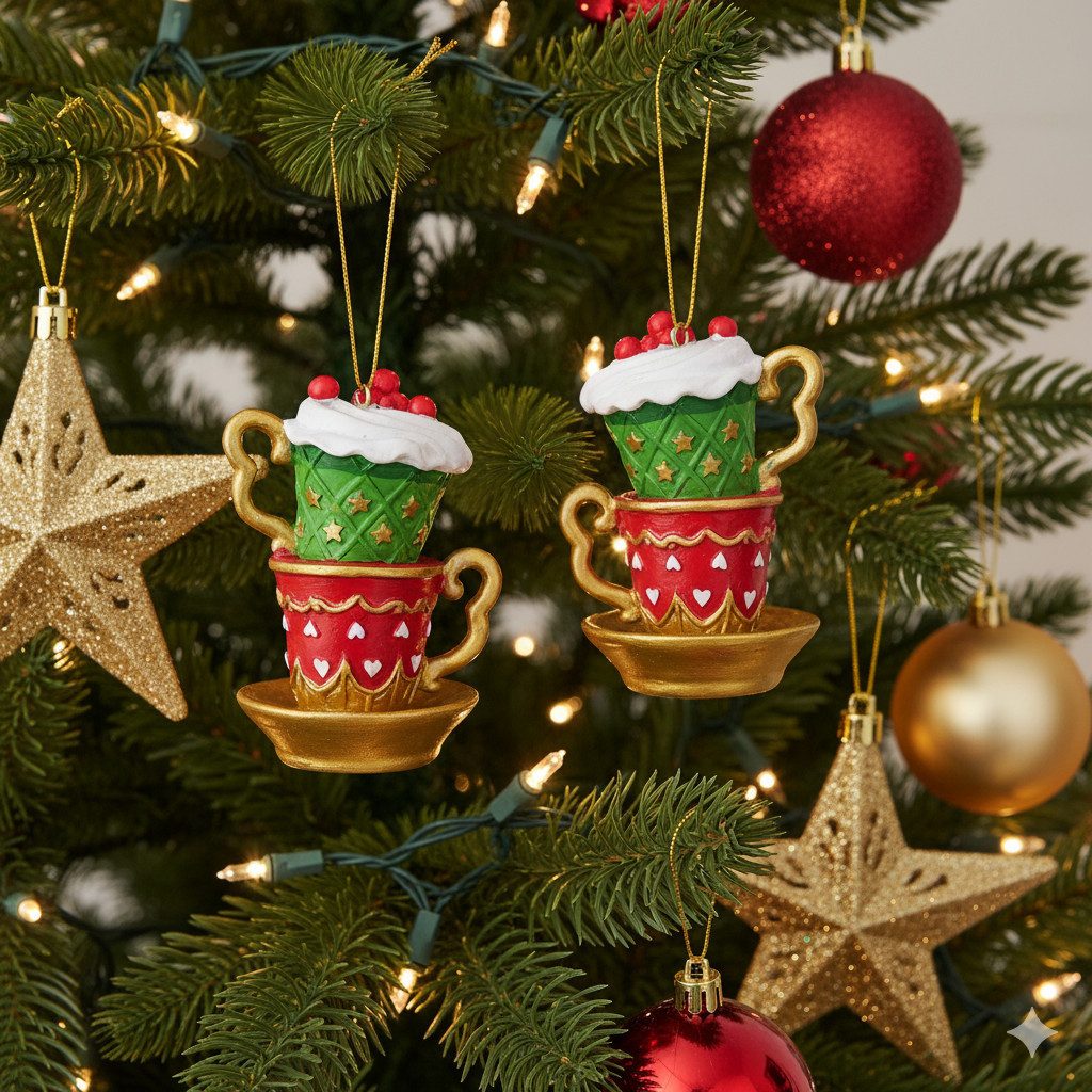 MF Weihnachtsbaumkugel Weihnachtsanhänger Cup 2er Set Tasse Handbemalt Gold Grün Rot (2 St)