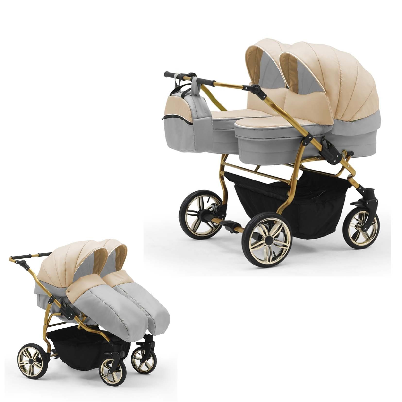 babies-on-wheels Zwillingswagen Zwillingskinderwagen 2 in 1 Duet Lux - 10 Teile - in 33 Farben Beige-Grau