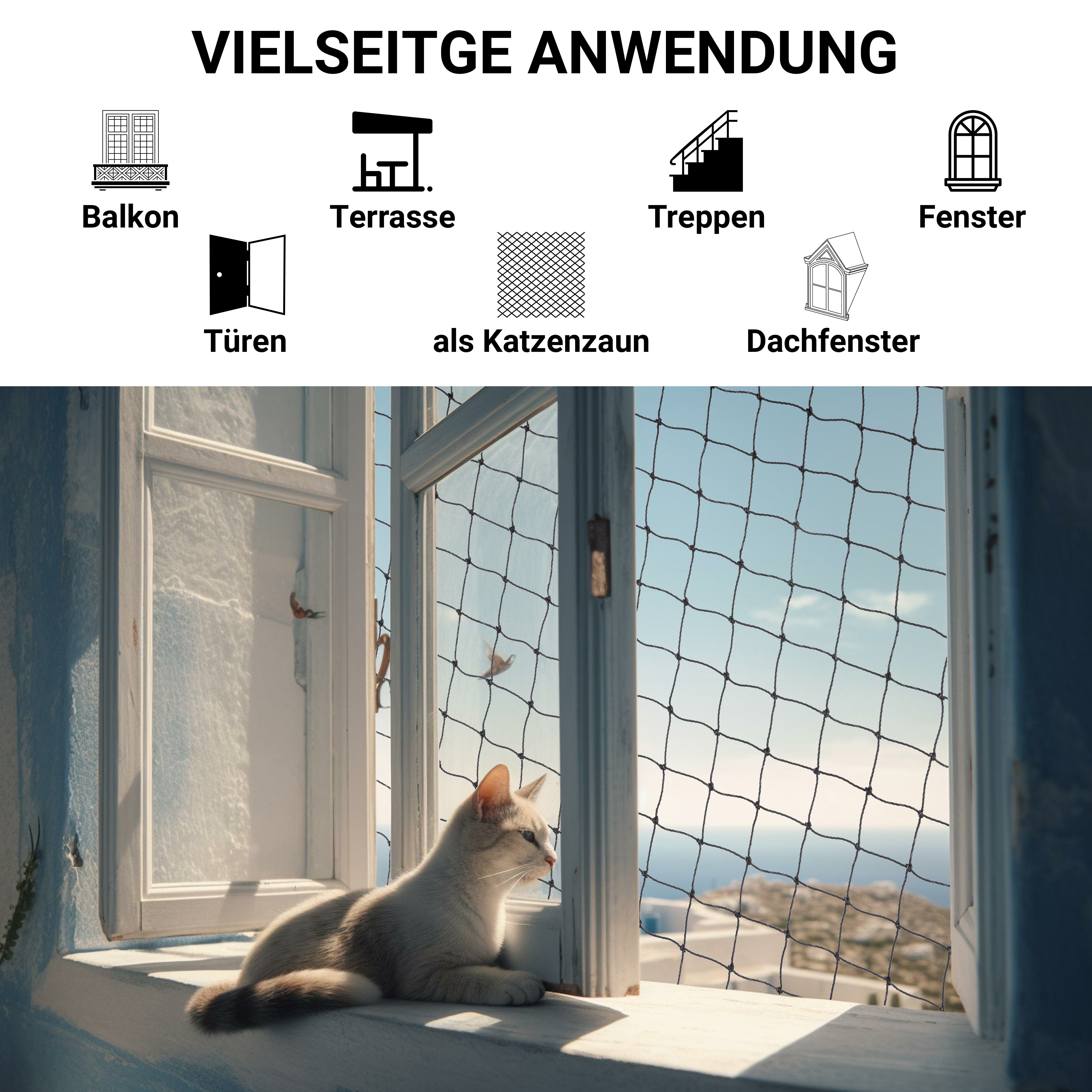 FinoPet Schutznetz FinoPet Katzennetz für Balkon drahtverstärkt ink. Befestigungsmaterial, BxL: 4x3 m, drahtverstärkt, inklusive Befestigungsmaterial, ohne bohren, schwarz