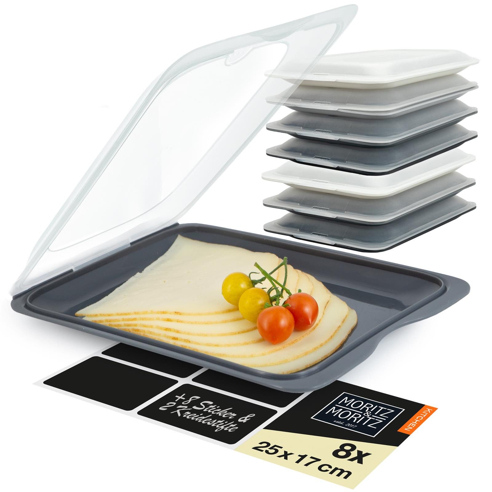 Moritz & Moritz Frischhaltedose 8er Set Aufschnittdosen stapelbar - Frischhaltedosen dunkel, Kunststoff, (Set, 8-tlg., Set), Inkl. 8 Sticker, mit Deckel für Optimales Frischhalten