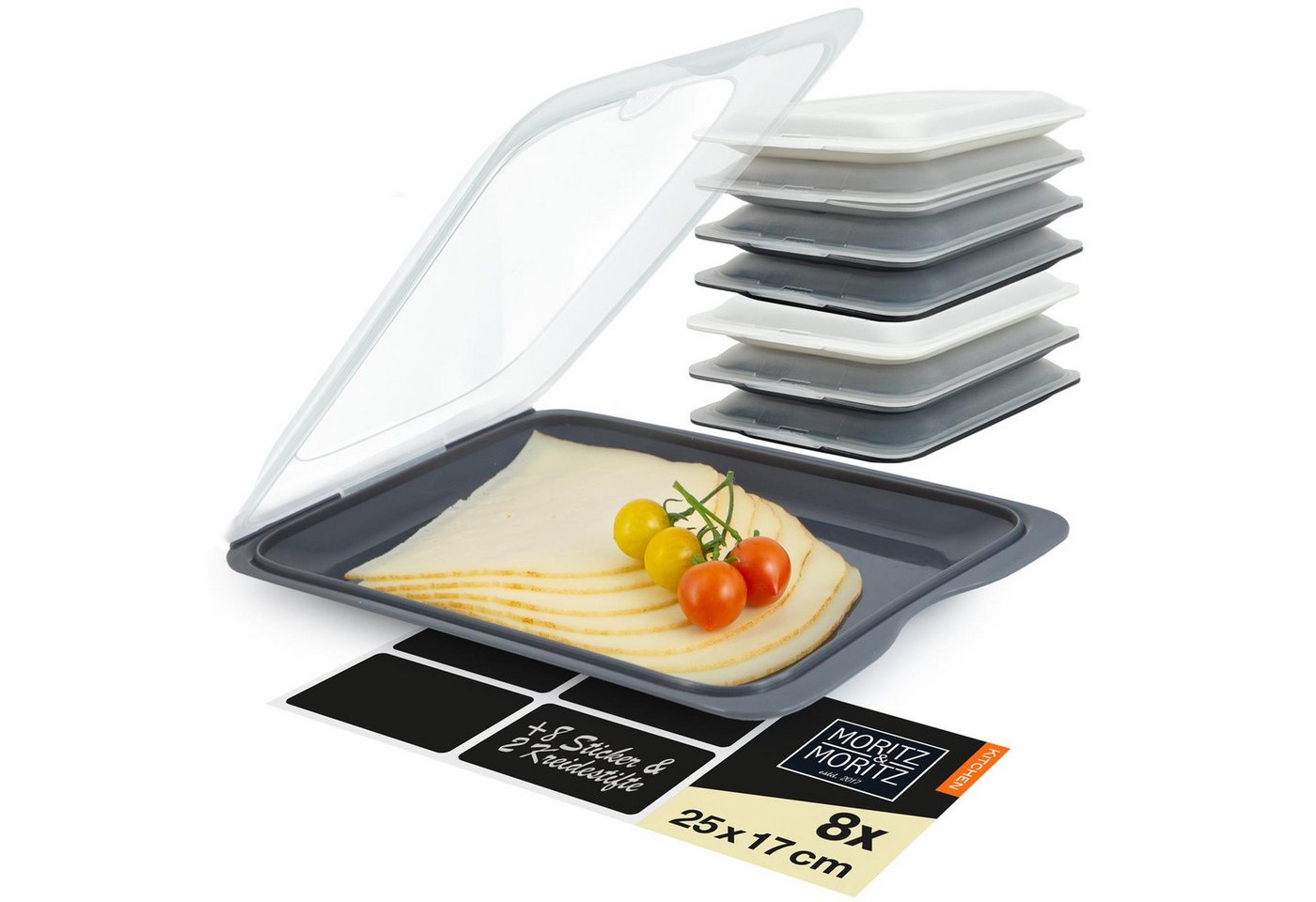 Moritz & Moritz Frischhaltedose 8er Set Aufschnittdosen stapelbar - Frischhaltedosen dunkel, Kunststoff, (Set, 8-tlg., Set), Inkl. 8 Sticker, mit Deckel für Optimales Frischhalten