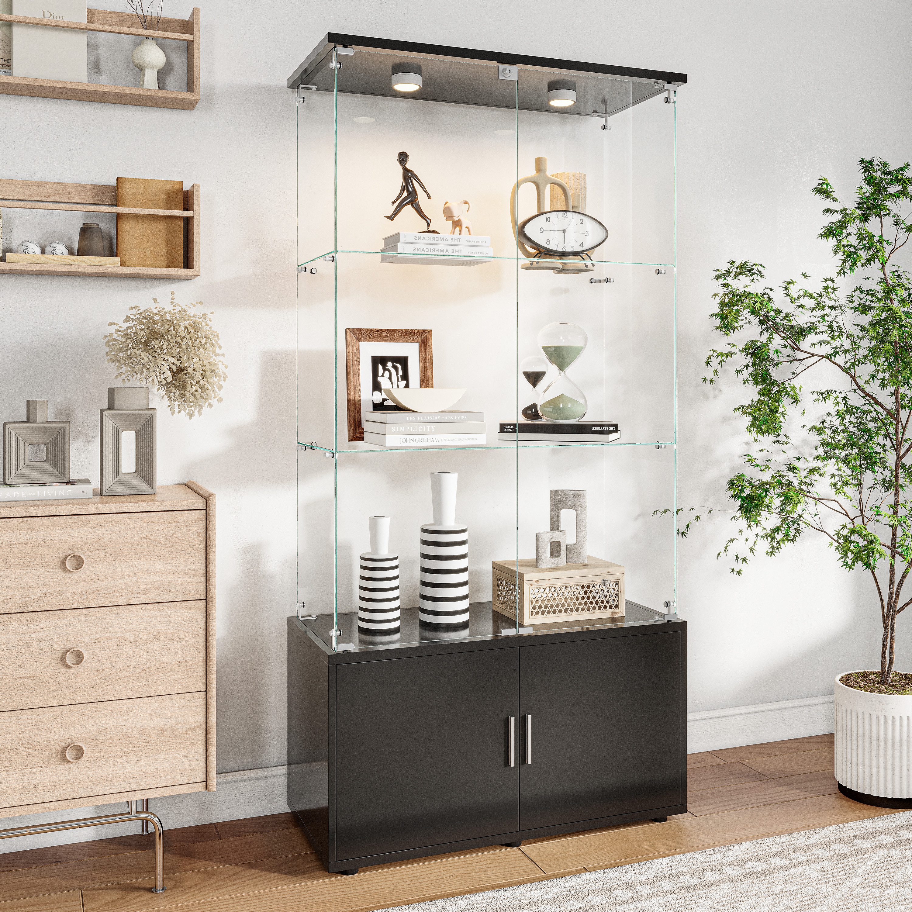 FUROKOY Glasvitrine Standvitrinen mit Kabinett, Vitrine (Vitrinenschrank mit 2 Glastür und Beleuchtung für Sammler, Bücher) 3 Lagen Sammlervitrine, 78.5 x 35 x 164 cm, Schwarz