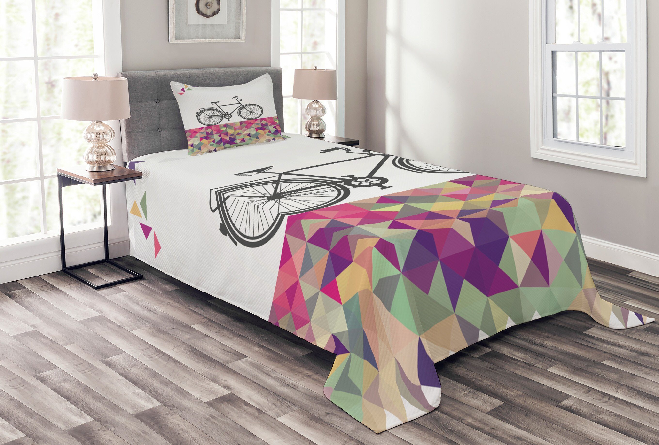 Tagesdecke Kissenbezügen Set über Abakuhaus, mit Fahrrad Waschbar, Color Jahrgang Mosaic