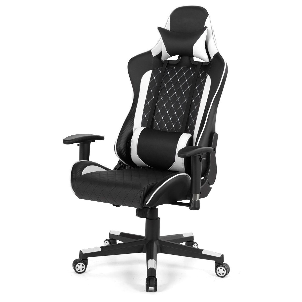 COSTWAY Gaming-Stuhl, höhenverstellbar, mit Kopf- & Lendenwirbelstütze schwarz, weiß