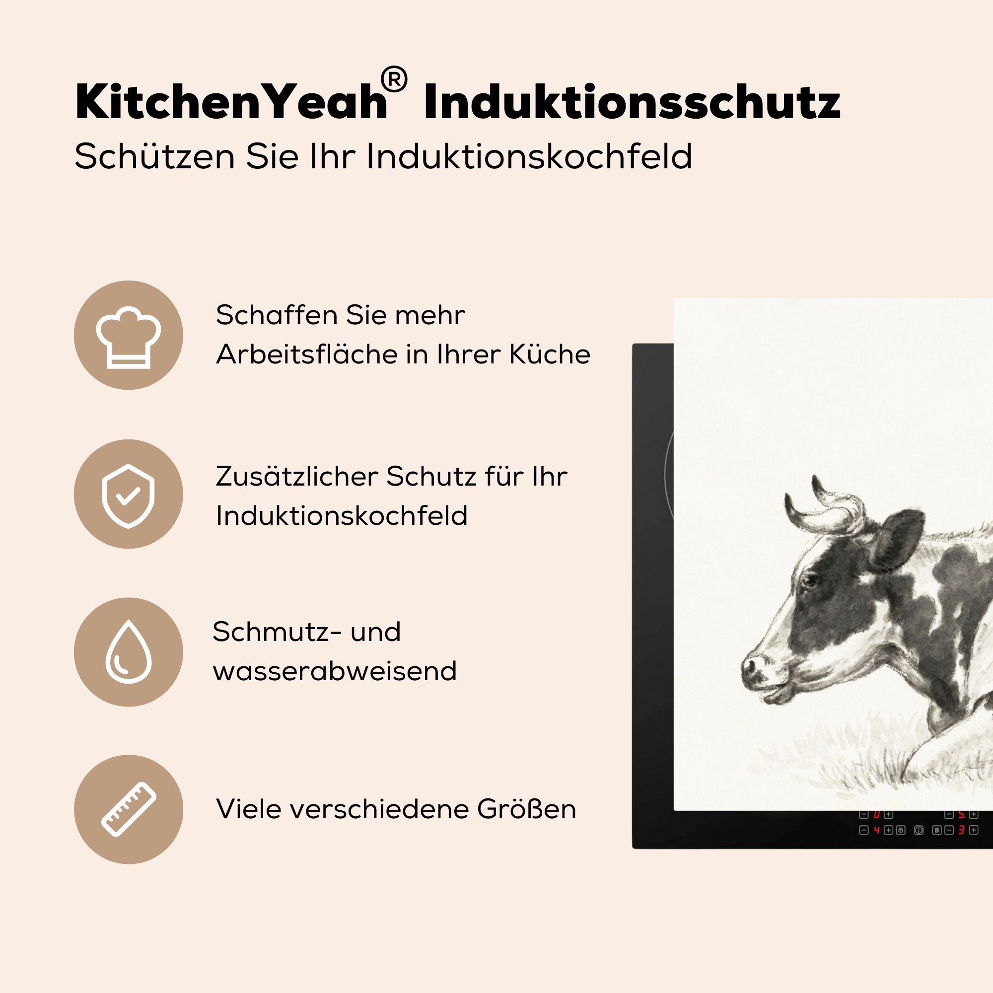 Kuh - Gemälde küche Liegende Vinyl, Bernard, Herdblende-/Abdeckplatte Arbeitsplatte für 83x51 cm, (1 tlg), von Ceranfeldabdeckung, Jean MuchoWow
