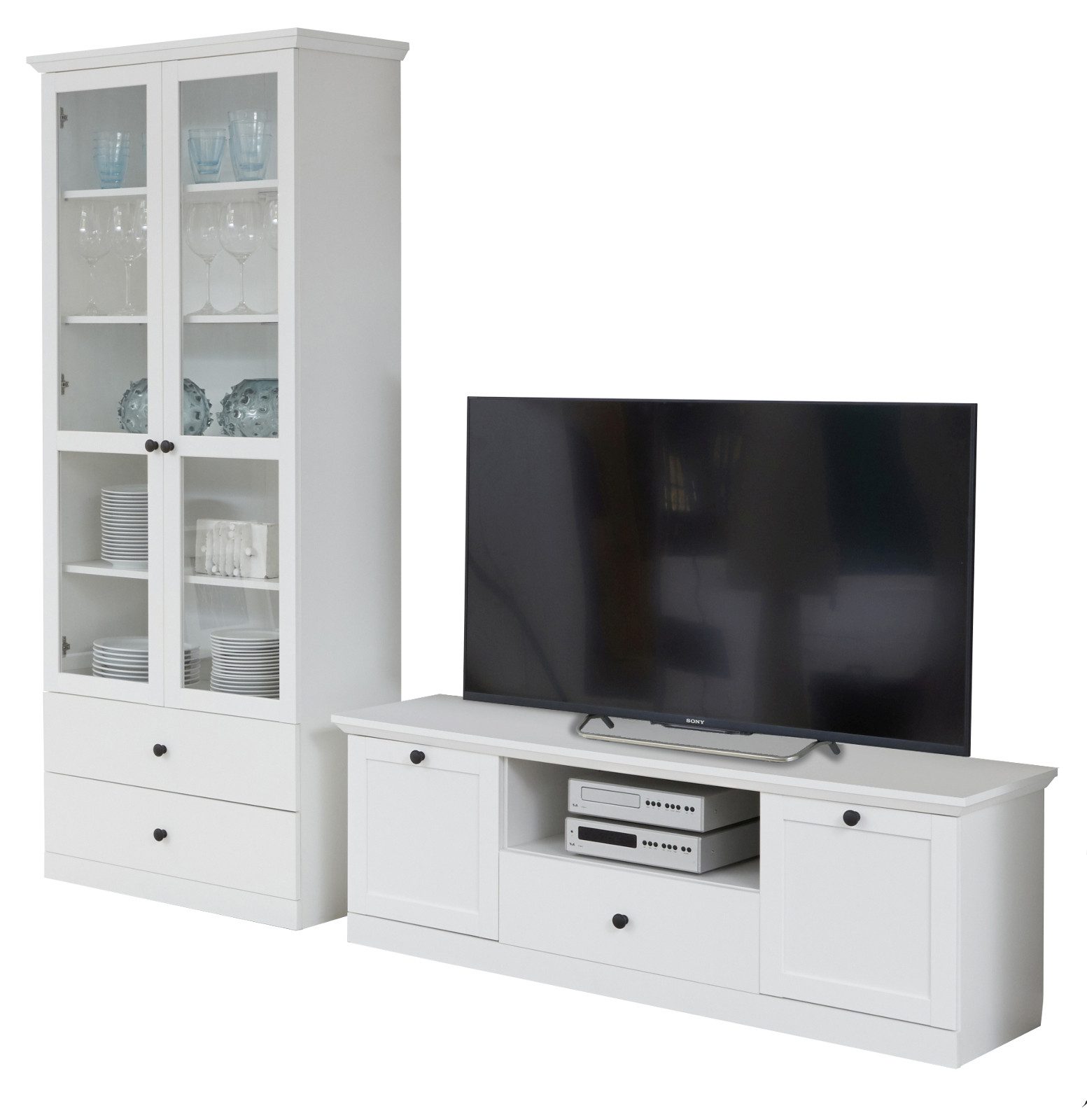 trendteam Wohnwand Baxter, (in Landhaus weiß, Set 2-teilig 235 x 196 cm), mit großer Stauraumvitrine