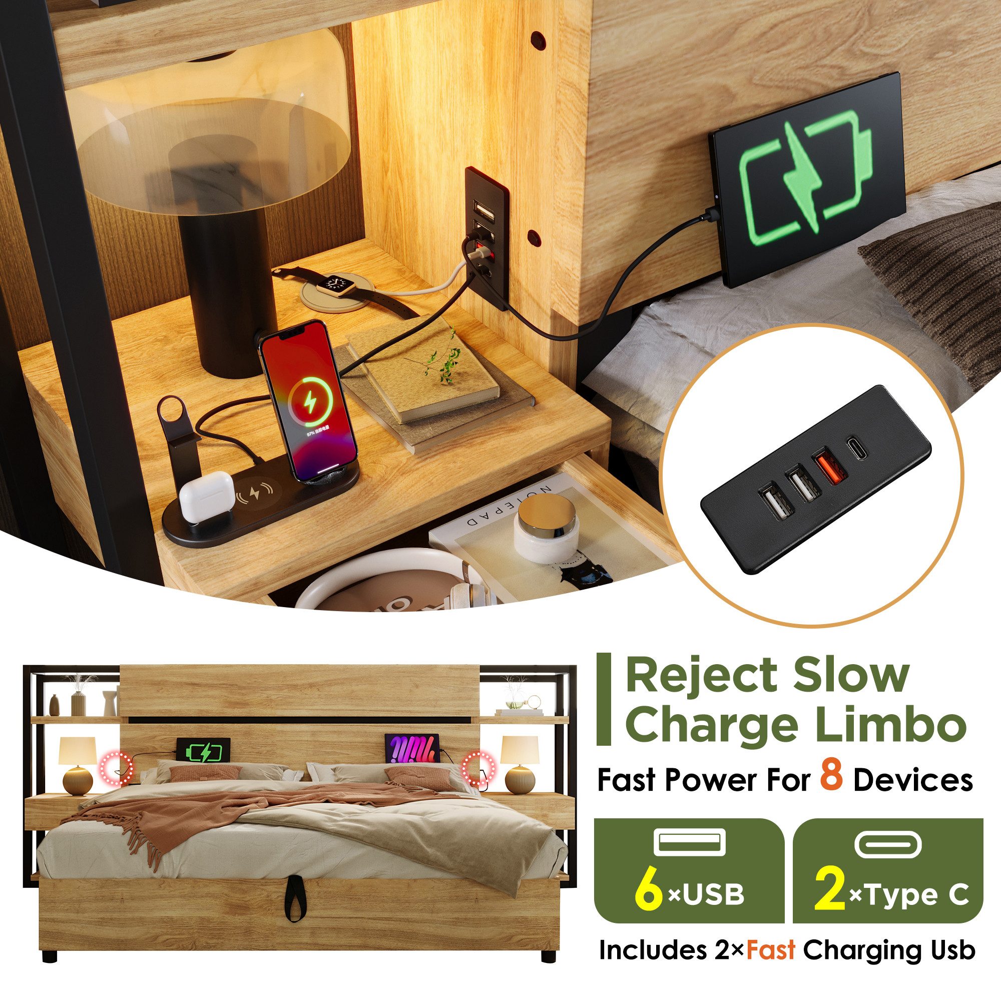 Luckice wooden bed, double bed 180×200cm, hydraulic storage bed (storage headboard with drawers and USB & Type-C charging port, bed frame with wooden slats), oak color (without mattress)