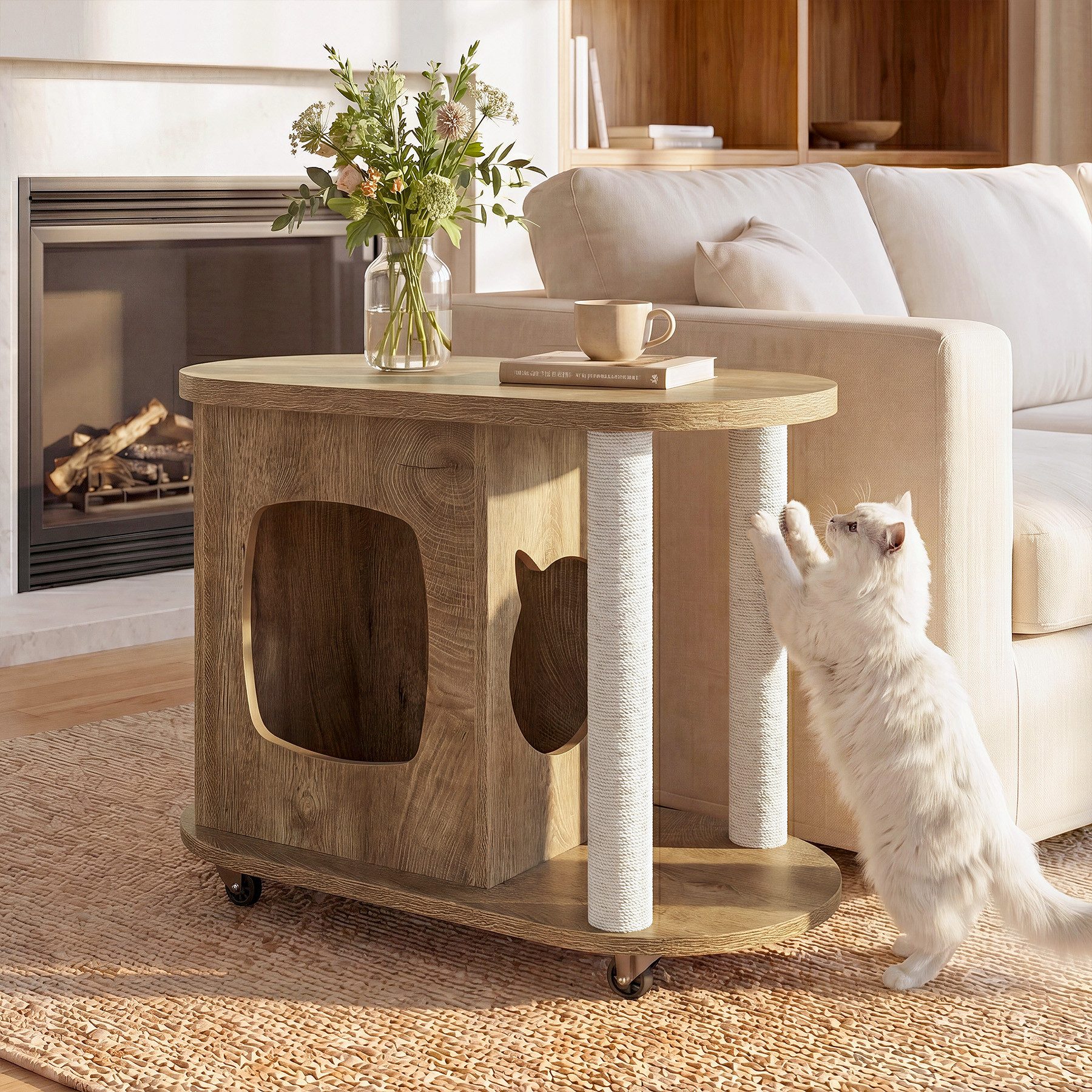 Tribesigns Beistelltisch mit Kratzbaum und Katzenbett, Katzenhaus mit 360° drehbaren Rollen (multifunktionaler Beistelltisch aus Holz für Wohnungskatzen, Wohnzimmer, Schlafzimmer, Weiß und Braun)