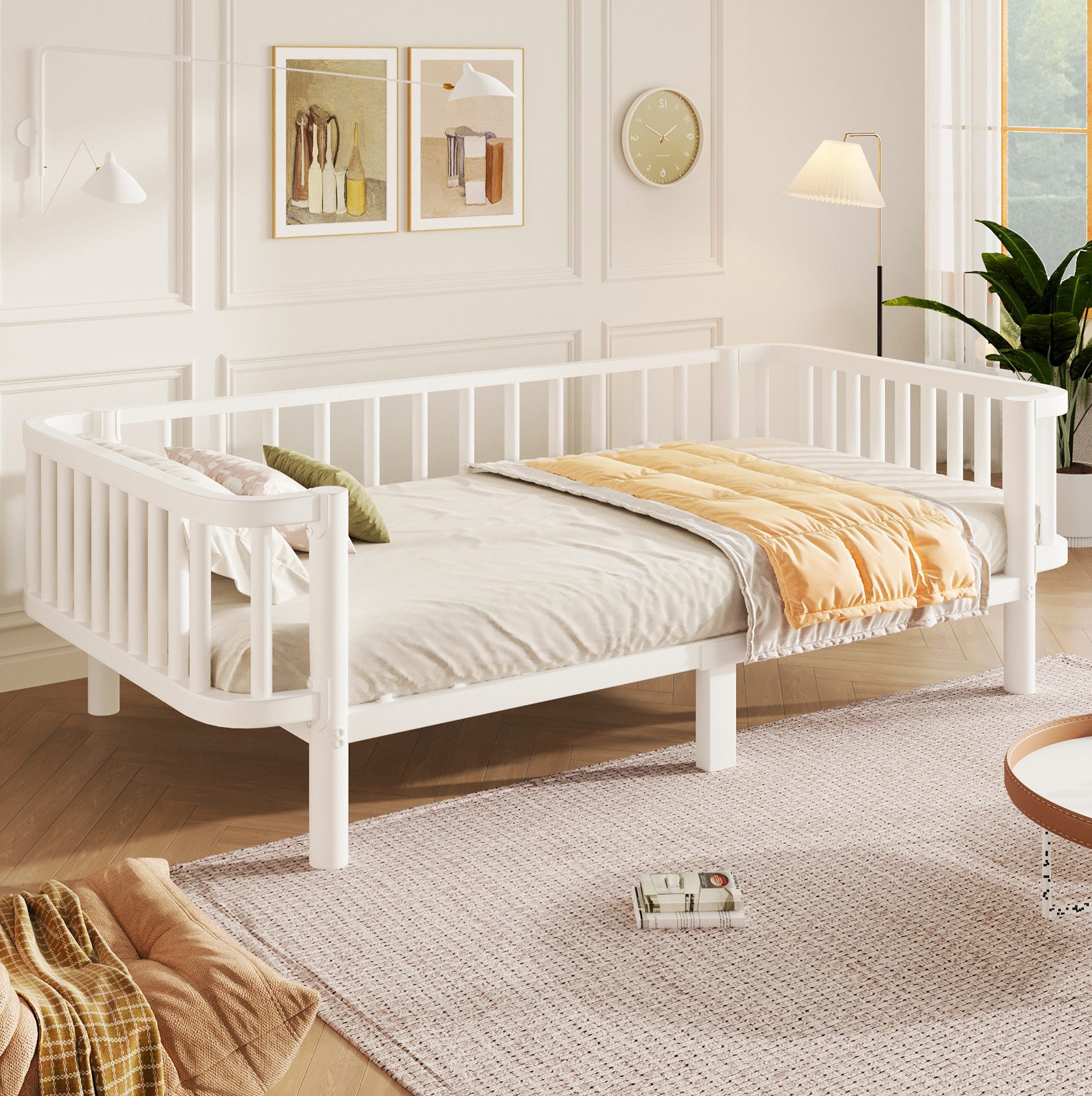MODFU Metallbett Einzelbett 90 × 200 cm aus Stahl mit weißem Rahmen (Packung, 2-tlg., Schlafmöbel mit Metallgestell für flexible Nutzung Zuhause), Gästebett Tagesbett mit robustem Lattenrost für Räume, mit Matratze