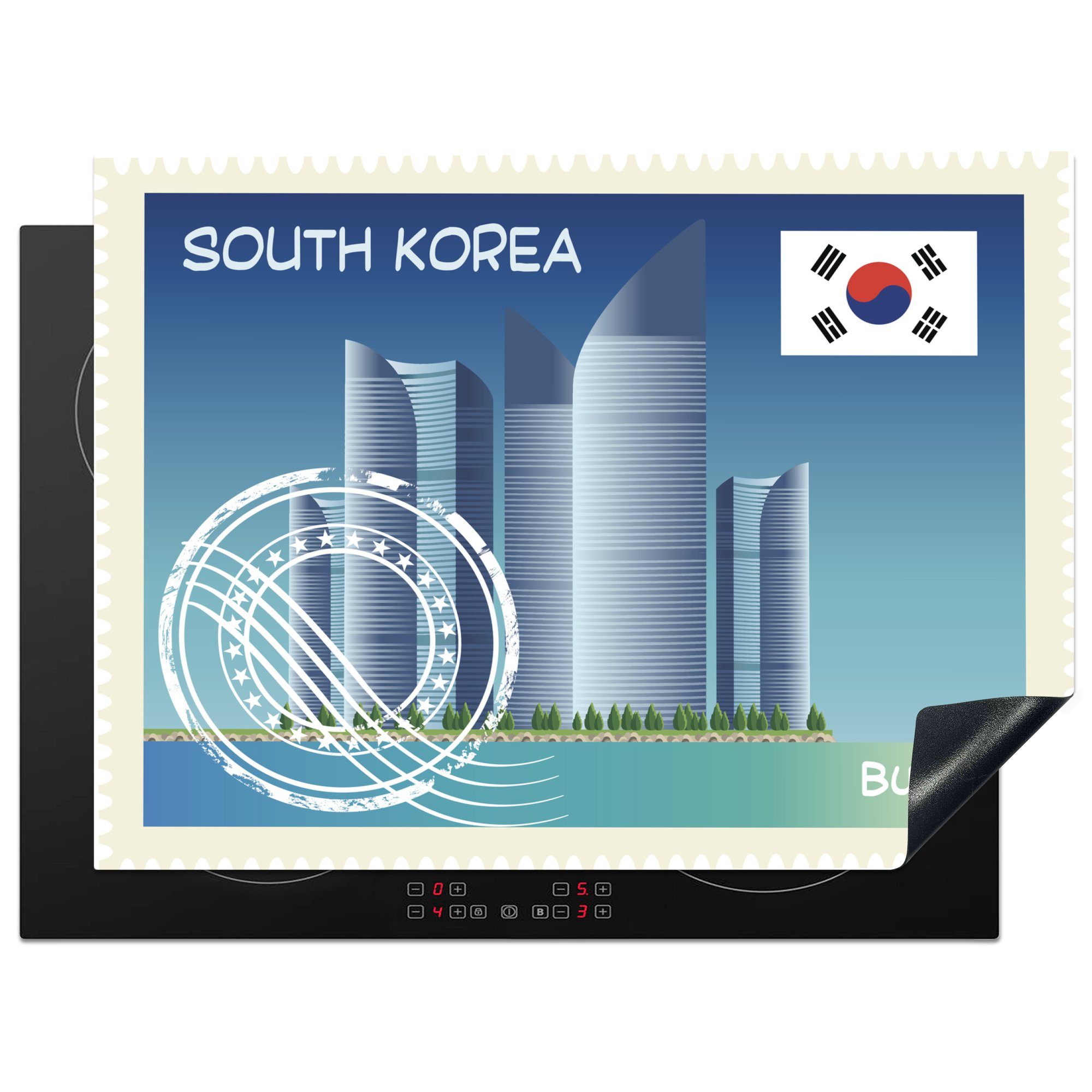 MuchoWow Herdblende-/Abdeckplatte Illustration einer Briefmarke aus Busan in Südkorea, Vinyl, (1 tlg), 70x52 cm, Mobile Arbeitsfläche nutzbar, Ceranfeldabdeckung