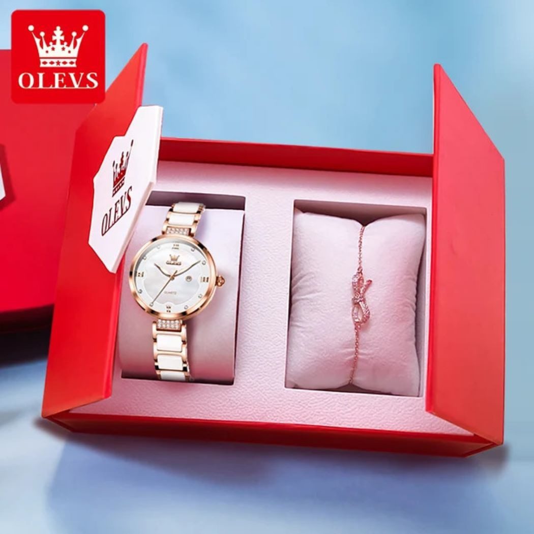 Quarzuhr Ostern Muttertag Olevs Geschenkset Keramik elegante Damenuhr Weiß 5589 Weiß Set