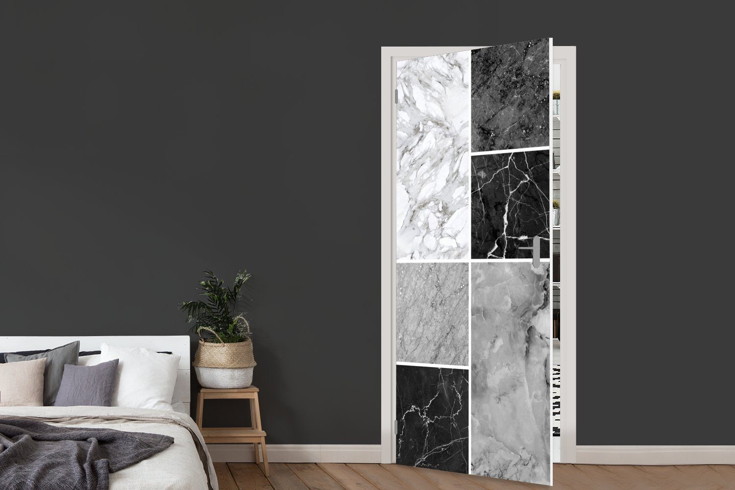 Tür, für Türaufkleber, Weiß, St), 75x205 - Marmor Fototapete cm MuchoWow Schwarz (1 - bedruckt, Matt, Türtapete