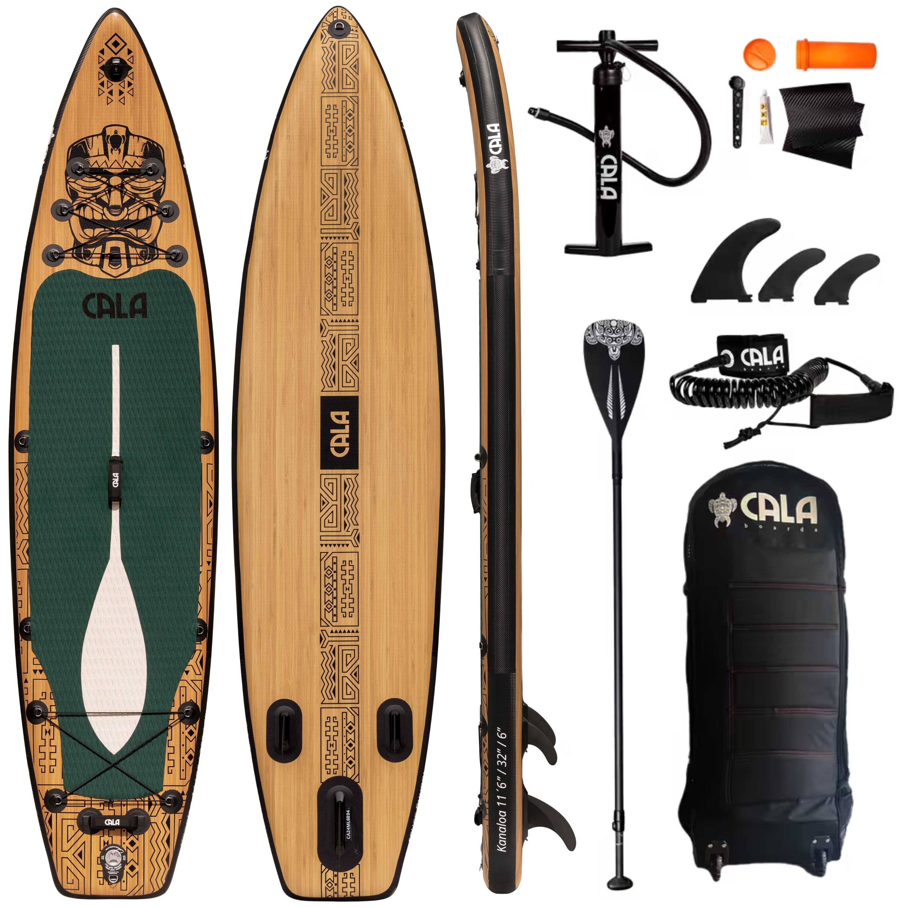 CALA SUP-Board KANALOA, robustes SUP- Board, aufblasbar, (Komplett-Set, SUP BOARD inkl. Board Bag, Pumpe, Vollcarbon-Paddel, Reparatur Kit), Holzoptik, D-Ringe für Kajaksitz